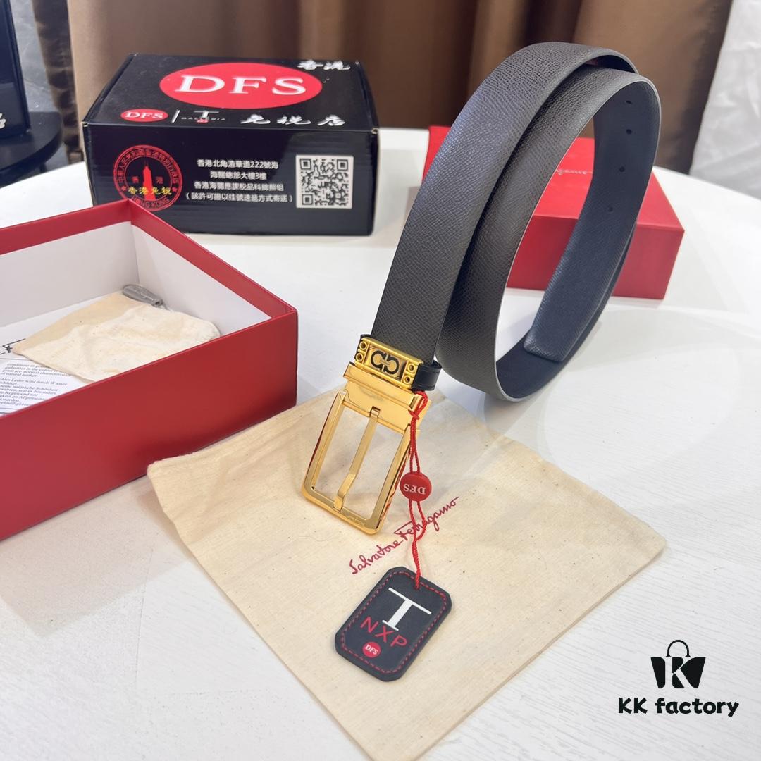 Ferragamo Men's Belt, Genuine First-Layer Cowhide with Palm Pattern, Reversible Design, 3.5cm Width, Stainless Steel '8' Buckle