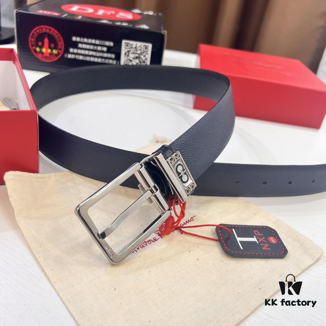 Ferragamo Men's Belt, Genuine First-Layer Cowhide with Palm Pattern, Reversible Design, 3.5cm Width, Stainless Steel '8' Shape Pin Buckle