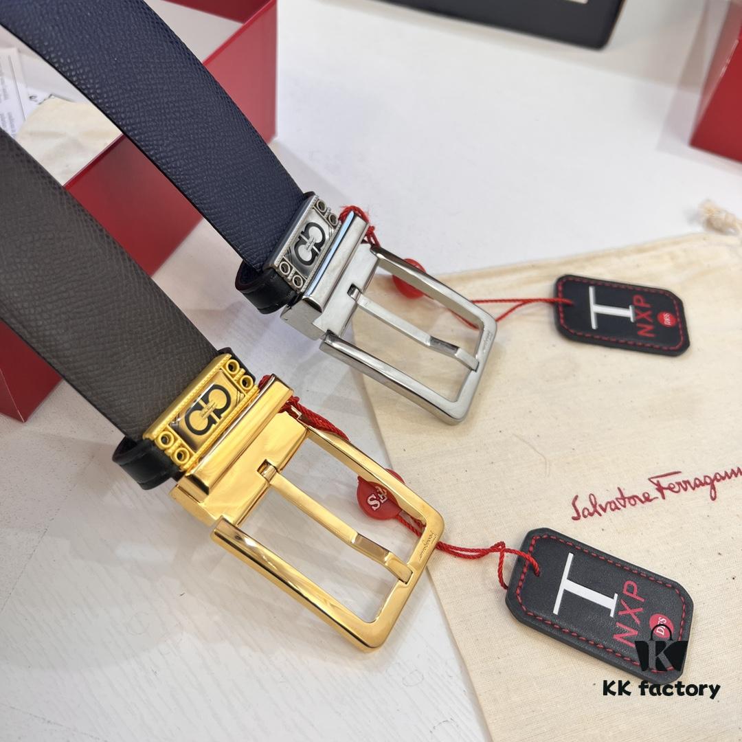 Ferragamo Men's Belt, Genuine First-Layer Cowhide with Palm Pattern, Reversible Design, 3.5cm Width, Stainless Steel '8' Shape Pin Buckle