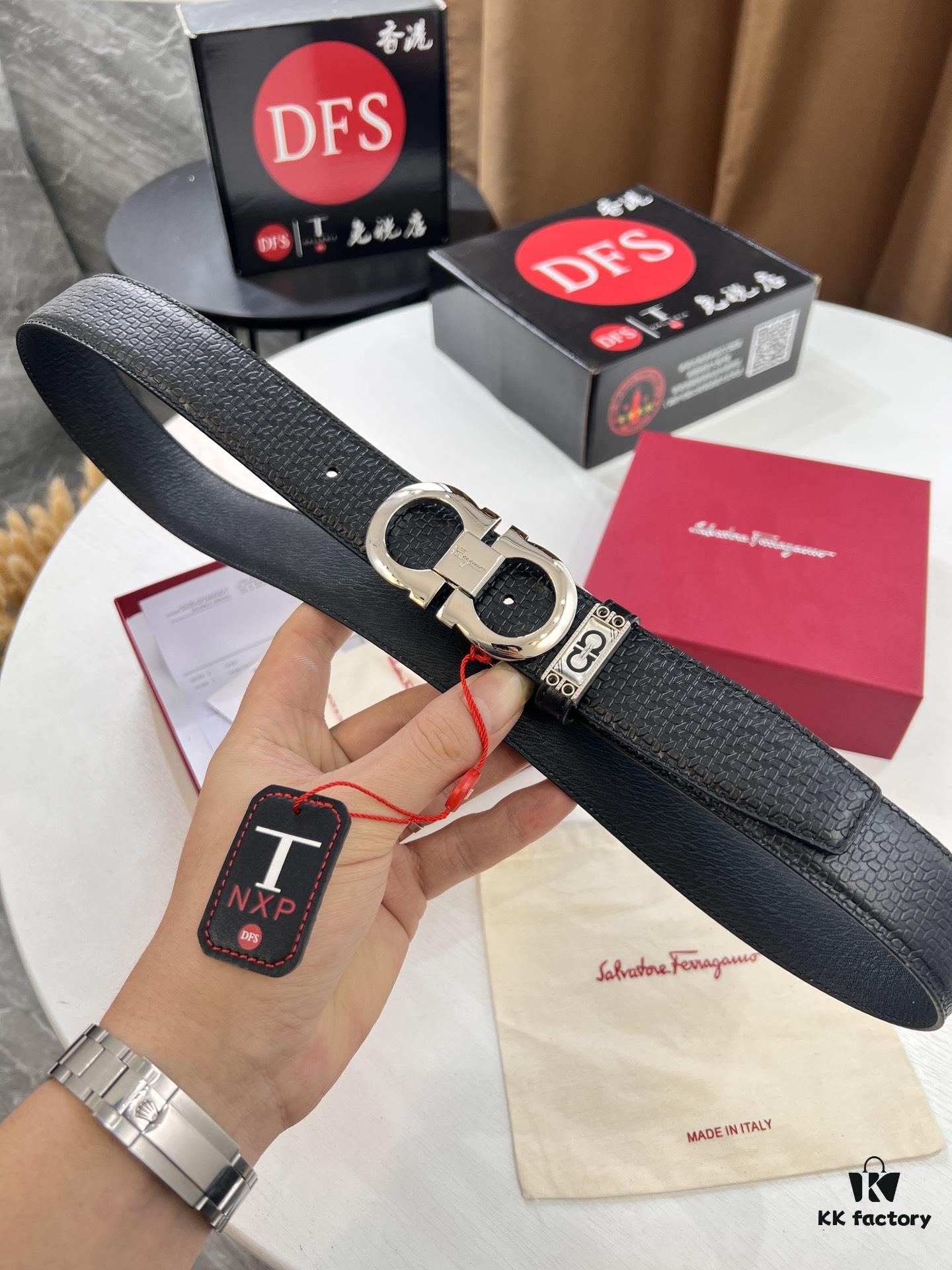 Ferragamo Men's Belt, Genuine Embossed Full-Grain Leather, Reversible Design, 3.5cm Width, Stainless Steel Buckle, Adjustable Length