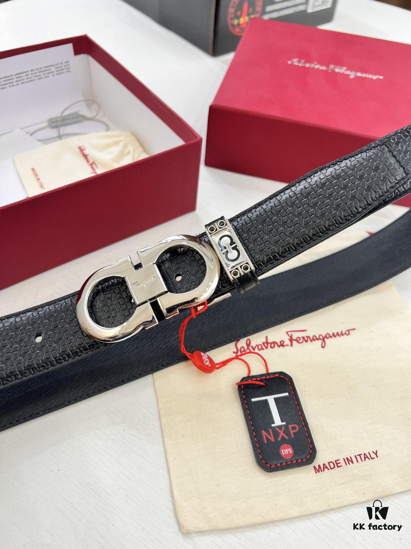 Ferragamo Men's Belt, Genuine Embossed Full-Grain Leather, Reversible Design, 3.5cm Width, Stainless Steel Buckle, Adjustable Length