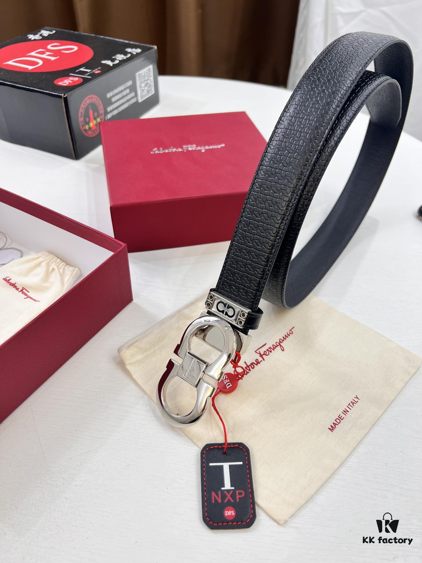 Ferragamo Men's Belt, Genuine Embossed Full-Grain Leather, Reversible Design, 3.5cm Width, Stainless Steel Buckle, Adjustable Length