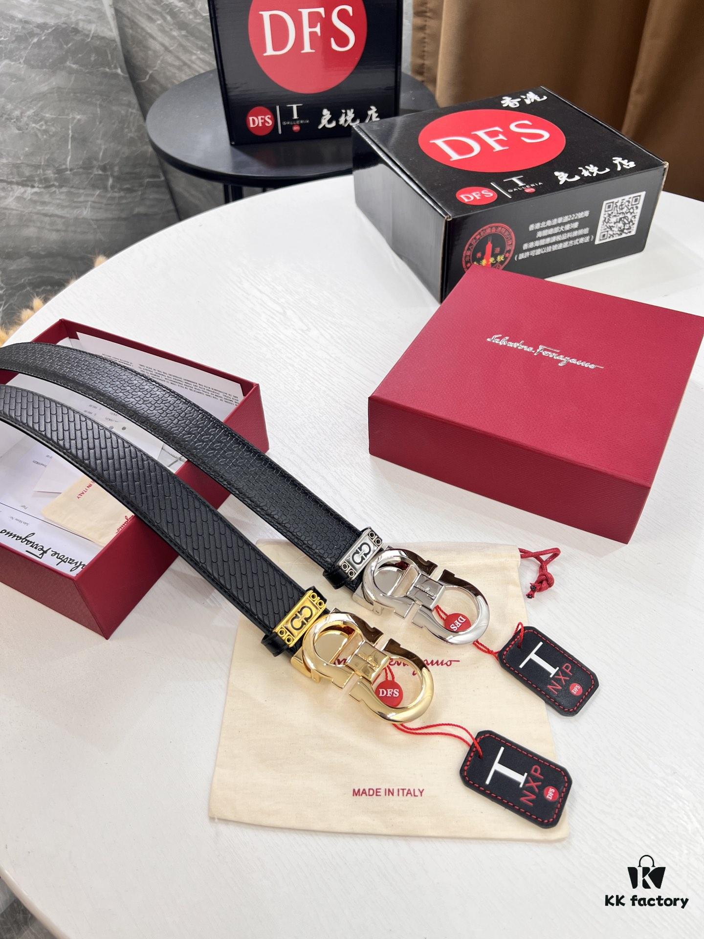 Ferragamo Men's Belt, Genuine Embossed Full-Grain Leather, Reversible Design, 3.5cm Width, Stainless Steel Buckle, Adjustable Length