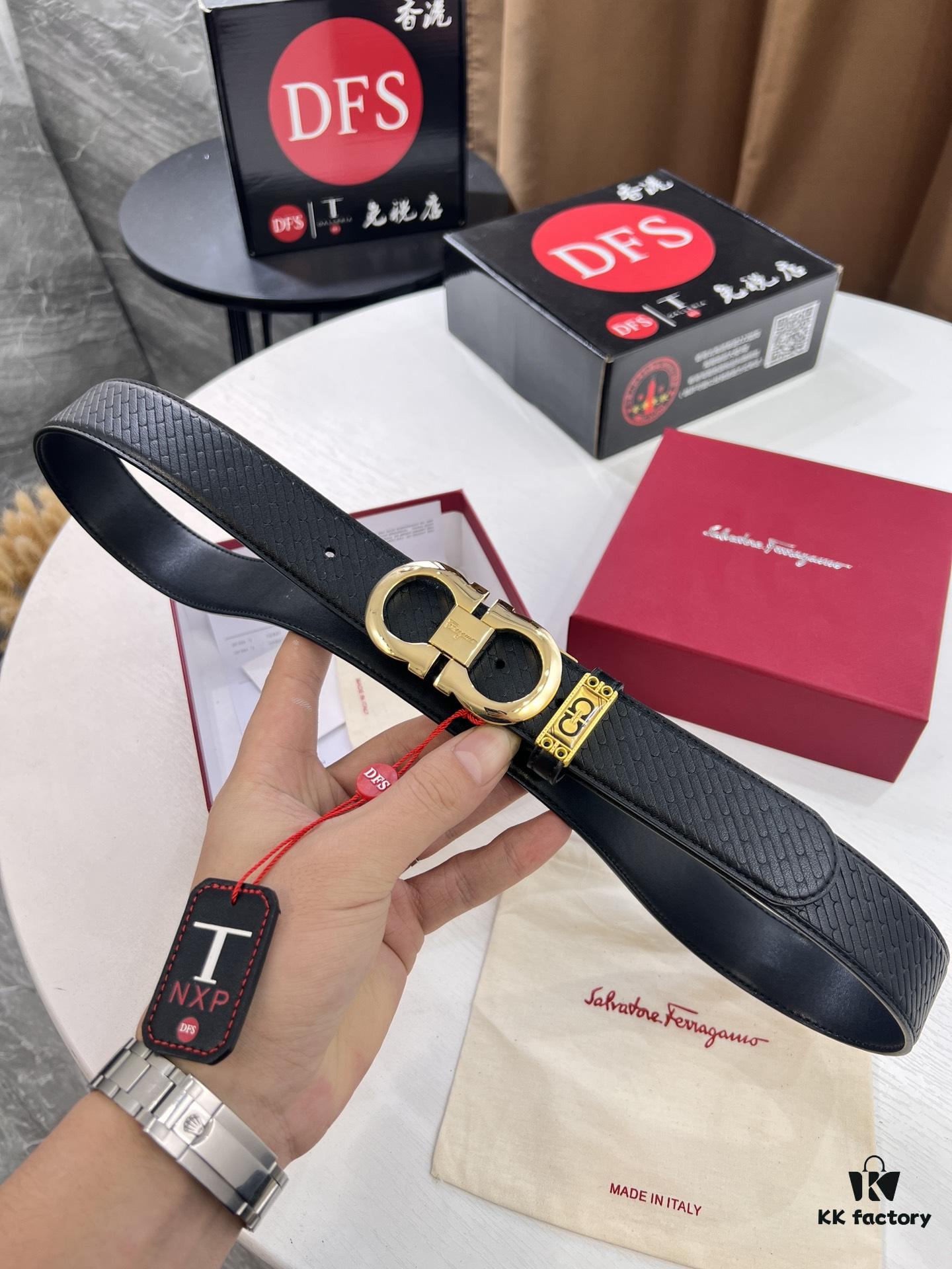 Salvatore Ferragamo Men's Belt, Double-Sided Use, Full-Grain Calfskin with Original Imported Embossing, 3.5cm Width, Precision Steel Hardware, Adjustable Length