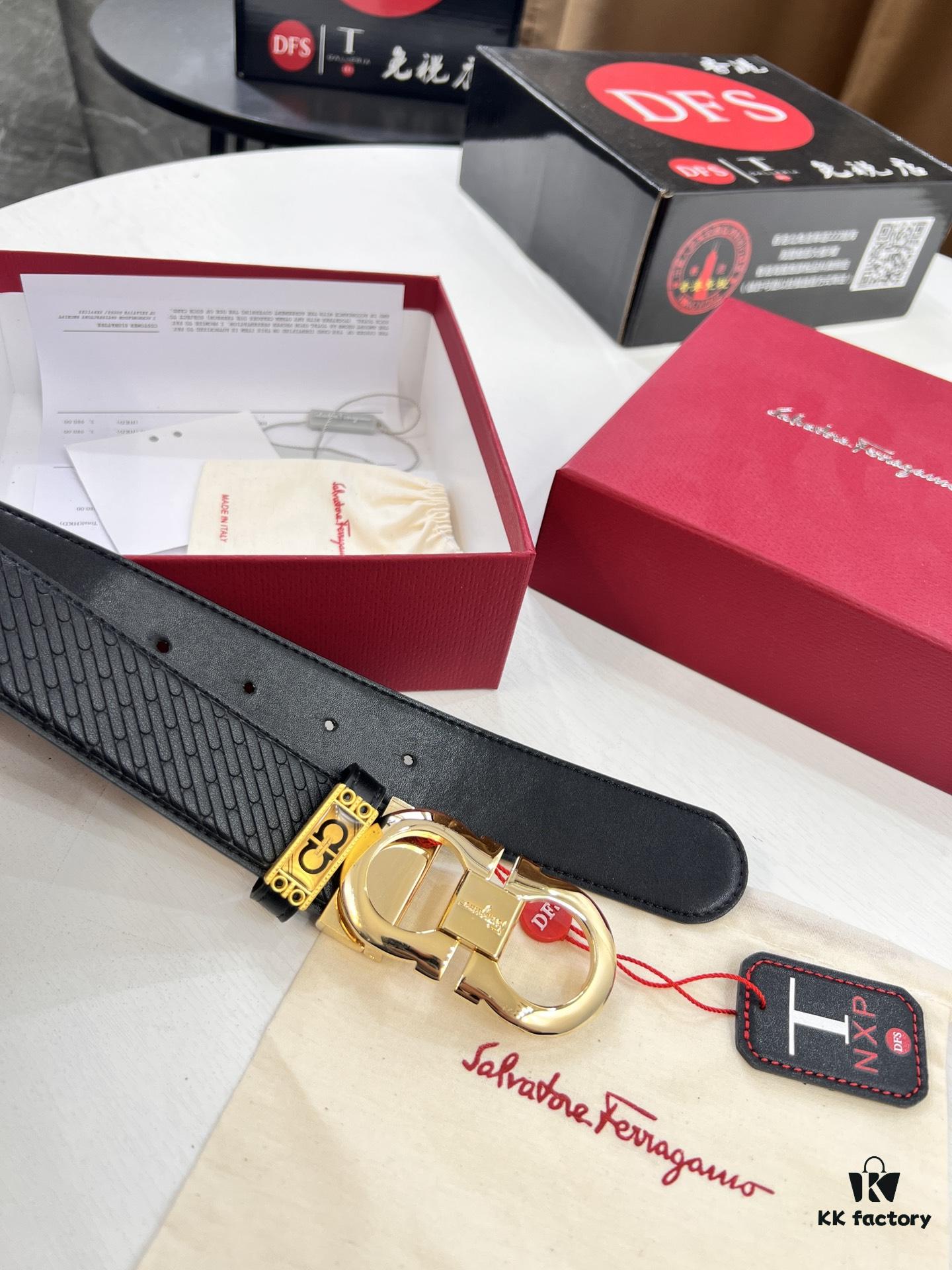 Salvatore Ferragamo Men's Belt, Double-Sided Use, Full-Grain Calfskin with Original Imported Embossing, 3.5cm Width, Precision Steel Hardware, Adjustable Length