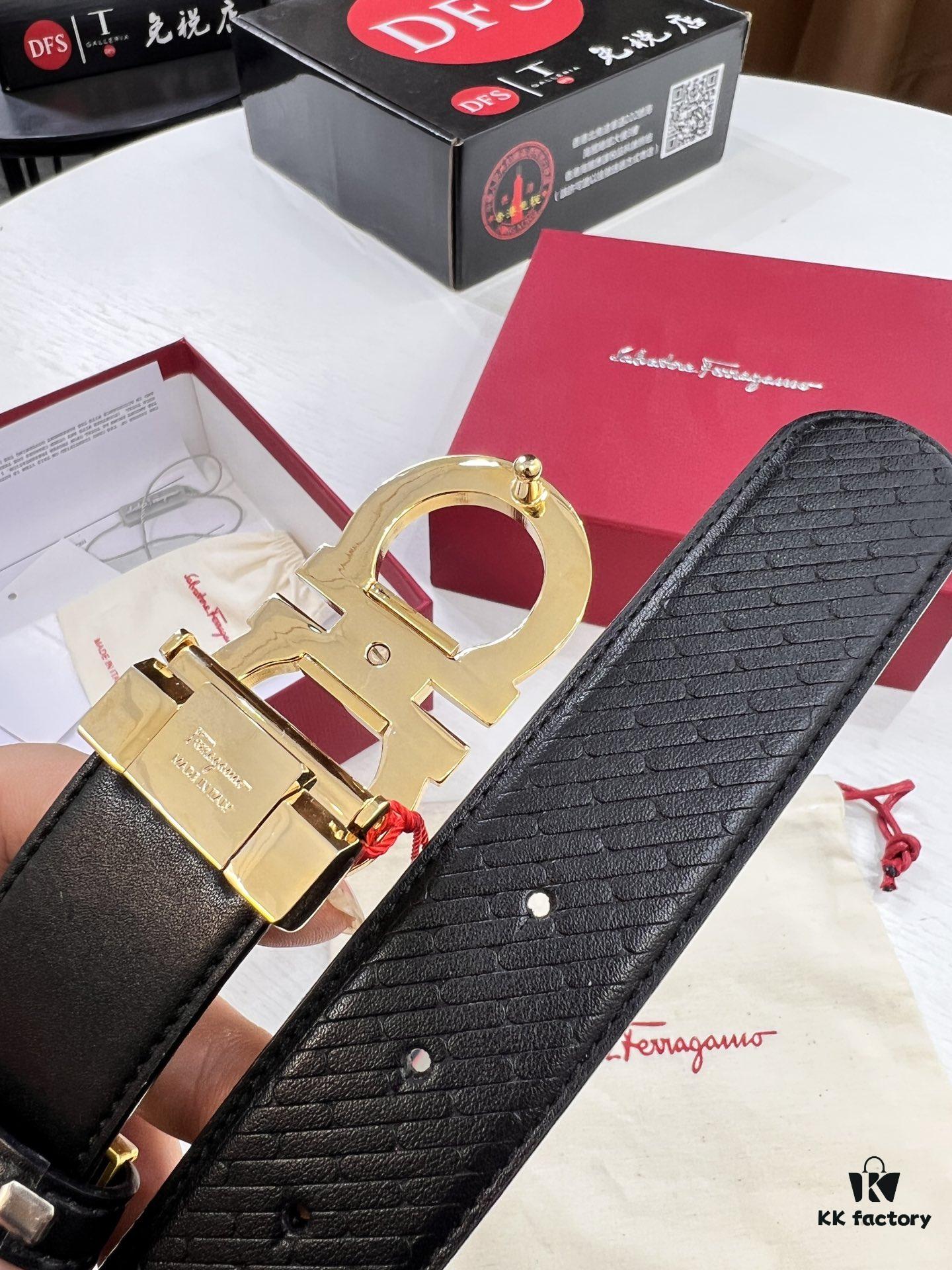 Salvatore Ferragamo Men's Belt, Double-Sided Use, Full-Grain Calfskin with Original Imported Embossing, 3.5cm Width, Precision Steel Hardware, Adjustable Length