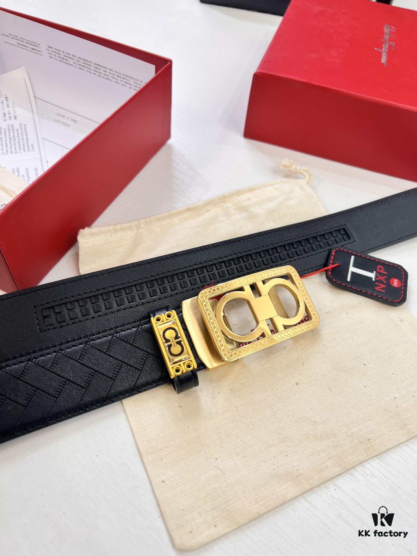 Salvatore Ferragamo Men's Automatic Belt, 3.5cm Width, Full-Grain Calfskin with Steel Hardware, Eight-Shaped Diagonal Weave Design