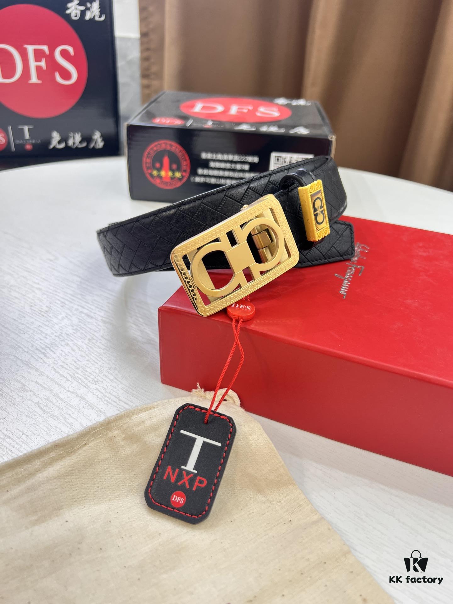 Salvatore Ferragamo Men's Automatic Belt, 3.5cm Width, Full-Grain Calfskin with Steel Hardware, Eight-Shaped Diagonal Weave Design