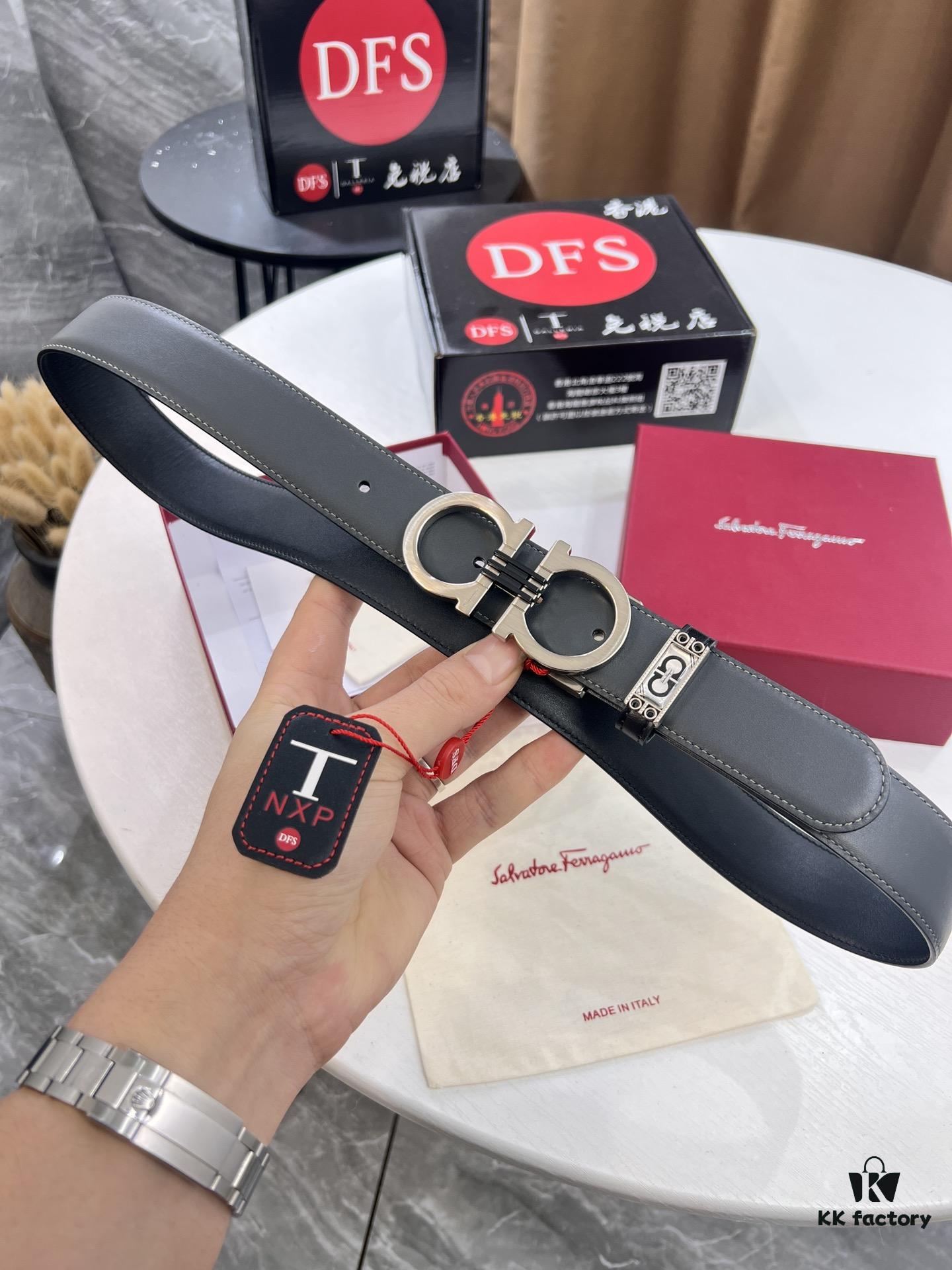 Salvatore Ferragamo Men's Belt, Genuine Imported Lapah Plain Full-Grain Leather, Double-Sided Dual Color Design, Adjustable Length, New '8' Shaped Stainless Steel Hardware, 3.5cm Width