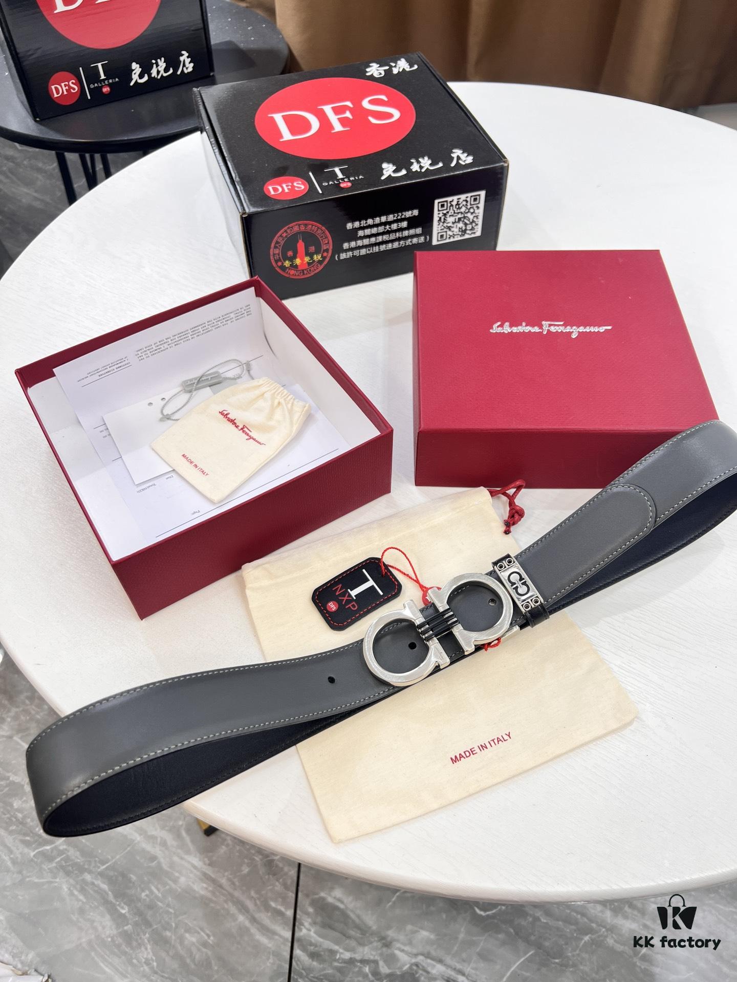 Salvatore Ferragamo Men's Belt, Genuine Imported Lapah Plain Full-Grain Leather, Double-Sided Dual Color Design, Adjustable Length, New '8' Shaped Stainless Steel Hardware, 3.5cm Width