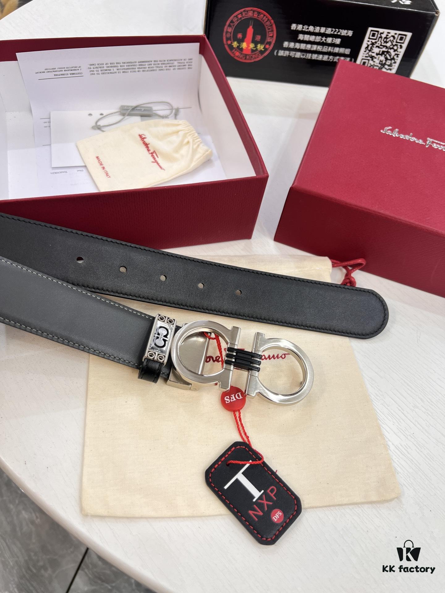 Salvatore Ferragamo Men's Belt, Genuine Imported Lapah Plain Full-Grain Leather, Double-Sided Dual Color Design, Adjustable Length, New '8' Shaped Stainless Steel Hardware, 3.5cm Width