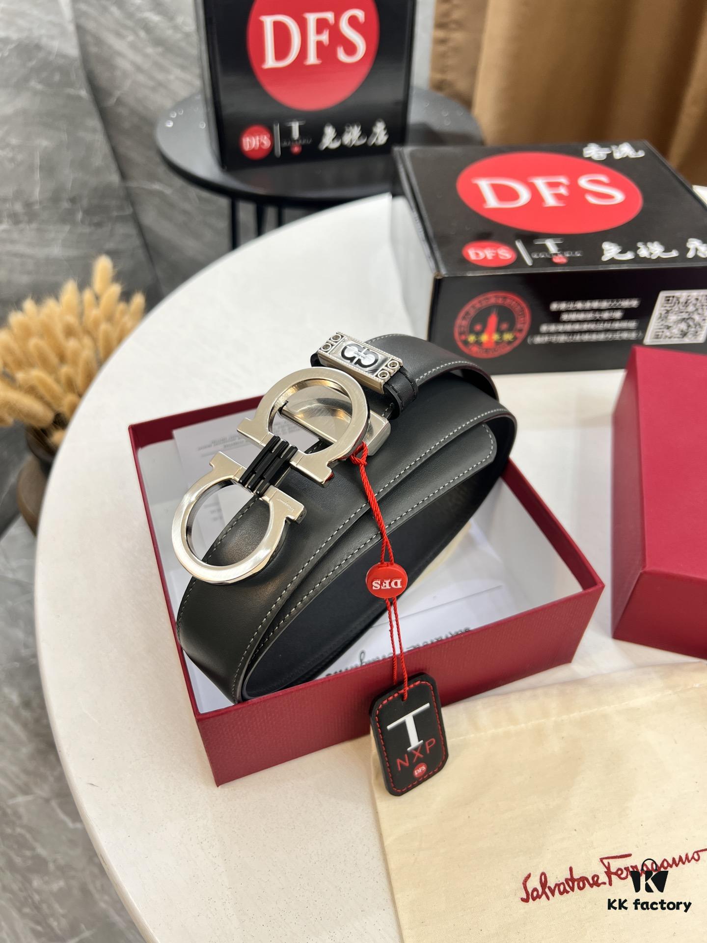 Salvatore Ferragamo Men's Belt, Genuine Imported Lapah Plain Full-Grain Leather, Double-Sided Dual Color Design, Adjustable Length, New '8' Shaped Stainless Steel Hardware, 3.5cm Width