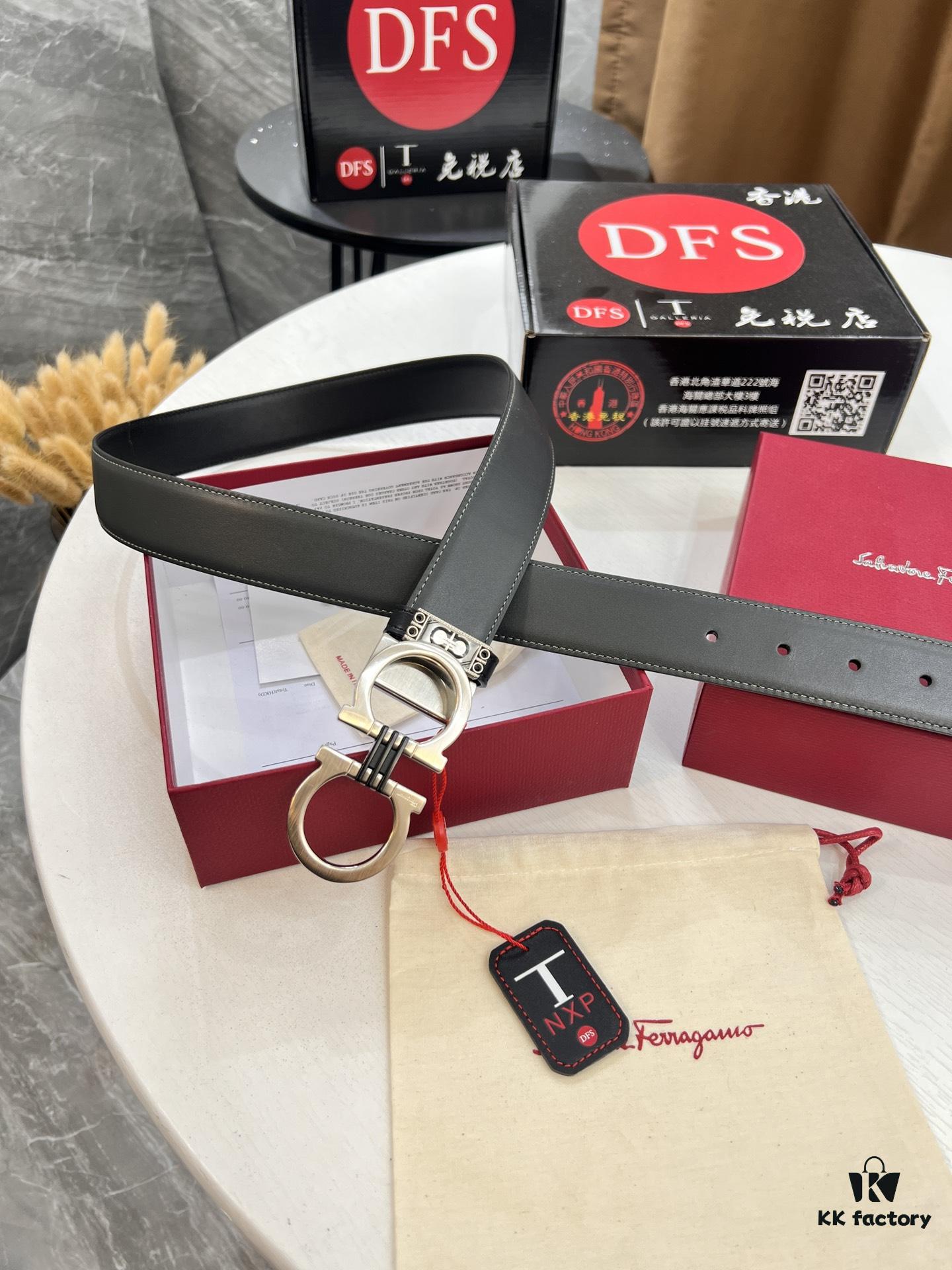 Salvatore Ferragamo Men's Belt, Genuine Imported Lapah Plain Full-Grain Leather, Double-Sided Dual Color Design, Adjustable Length, New '8' Shaped Stainless Steel Hardware, 3.5cm Width