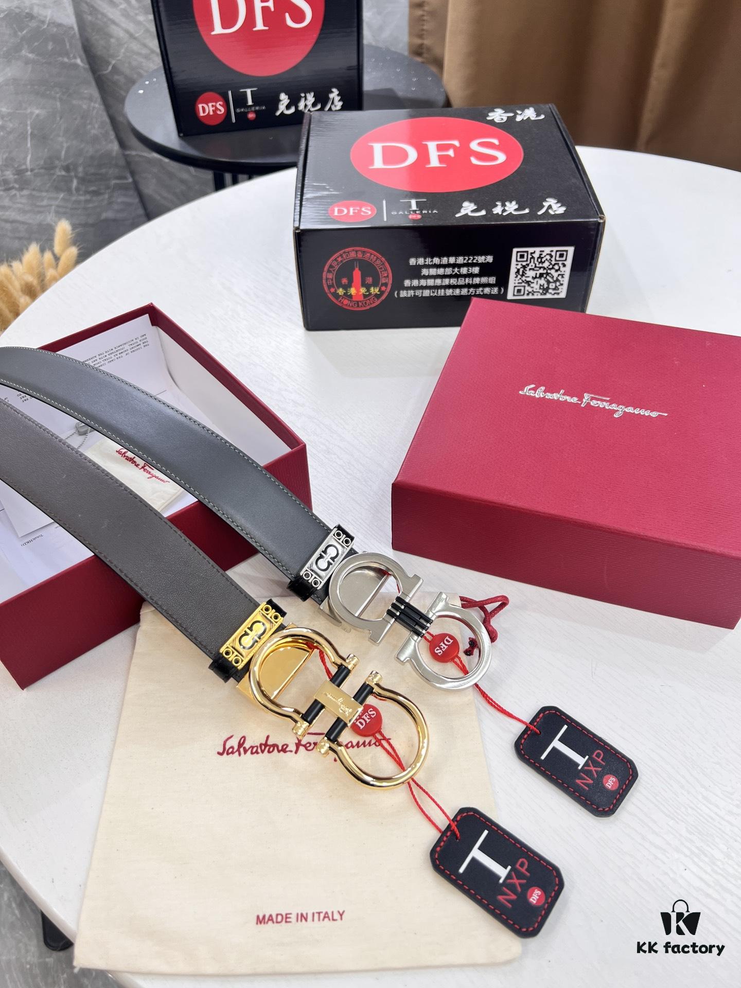 Salvatore Ferragamo Men's Belt, Genuine Imported Lapah Plain Full-Grain Leather, Double-Sided Dual Color Design, Adjustable Length, New '8' Shaped Stainless Steel Hardware, 3.5cm Width