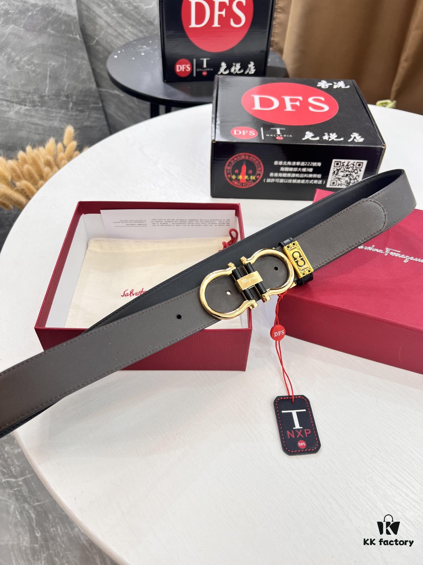 Shop Owner's Recommendation: Ferragamo Men's Belt, Genuine Imported Lap Grain Full-Grain Leather, Reversible Dual Color, Precision 8-Shaped Stainless Steel Buckle