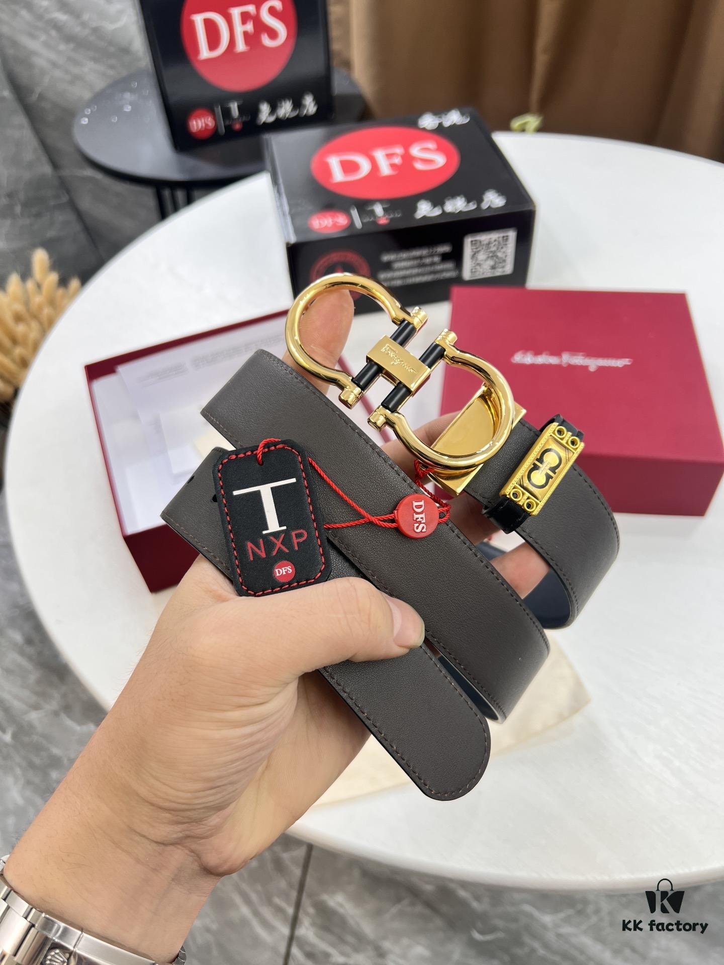 Shop Owner's Recommendation: Ferragamo Men's Belt, Genuine Imported Lap Grain Full-Grain Leather, Reversible Dual Color, Precision 8-Shaped Stainless Steel Buckle