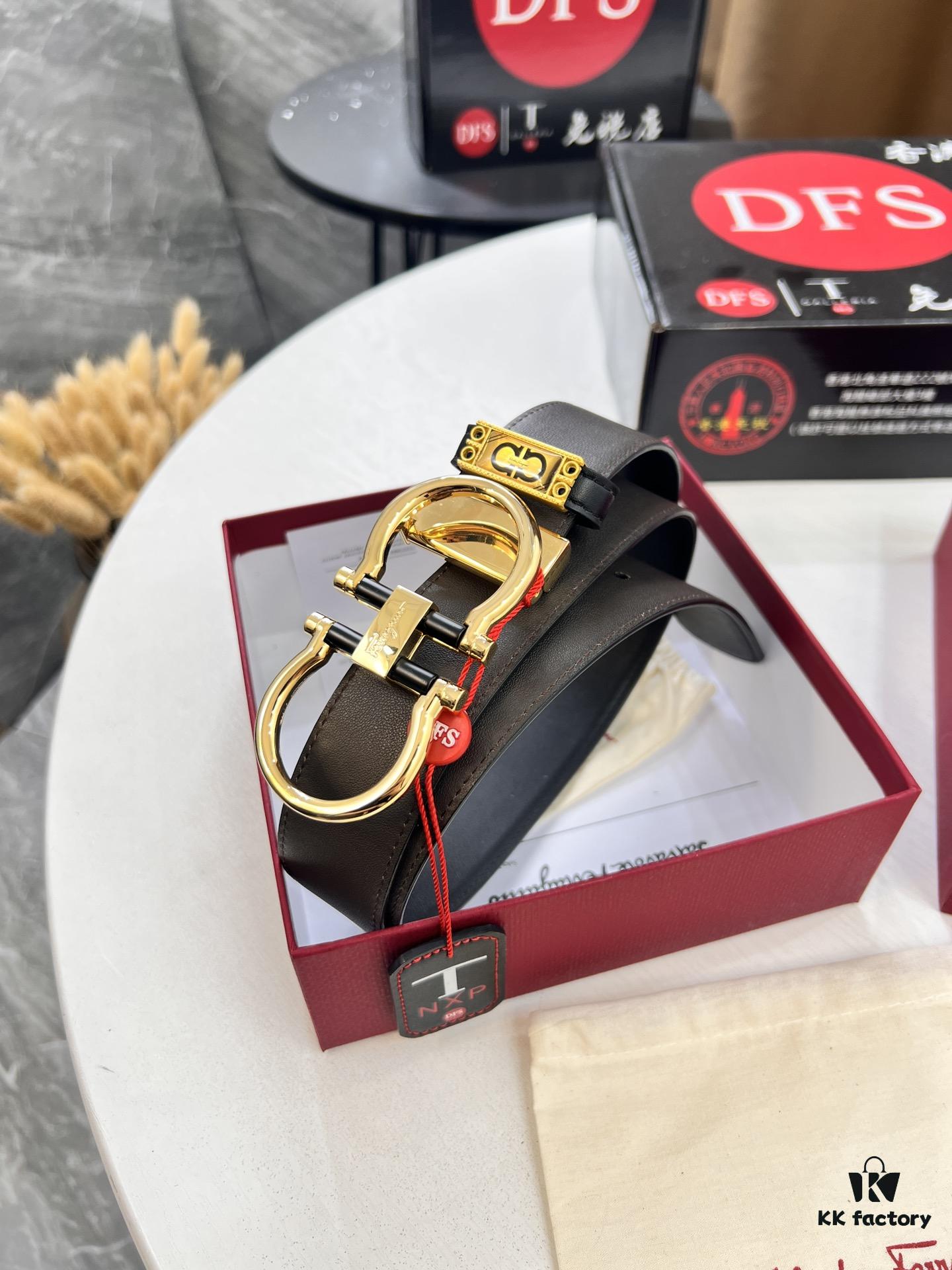 Shop Owner's Recommendation: Ferragamo Men's Belt, Genuine Imported Lap Grain Full-Grain Leather, Reversible Dual Color, Precision 8-Shaped Stainless Steel Buckle