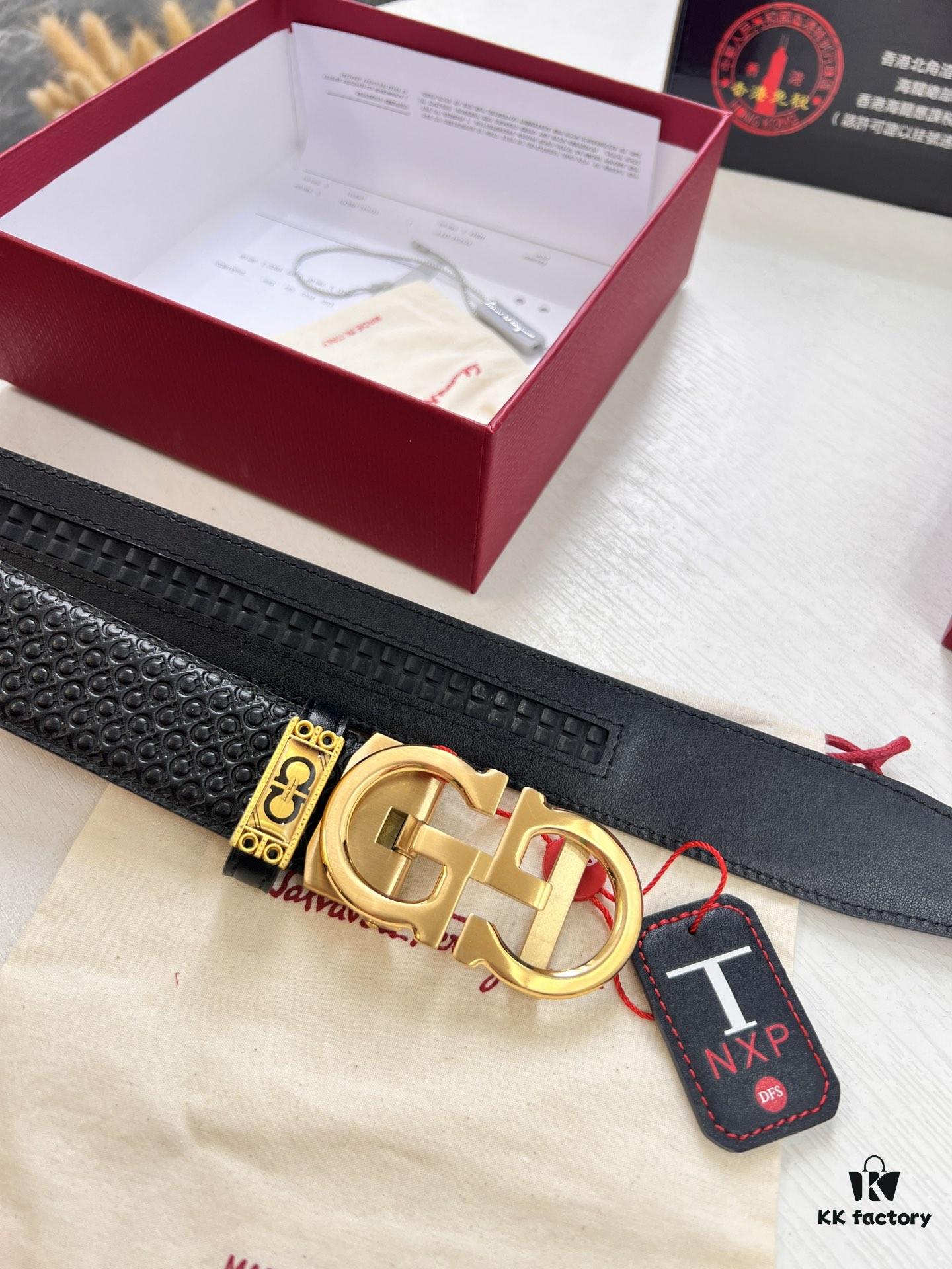 Salvatore Ferragamo Men's Automatic Belt, Top-Quality Genuine Leather with '8' Pattern, 3.5cm Width, Stainless Steel Hardware