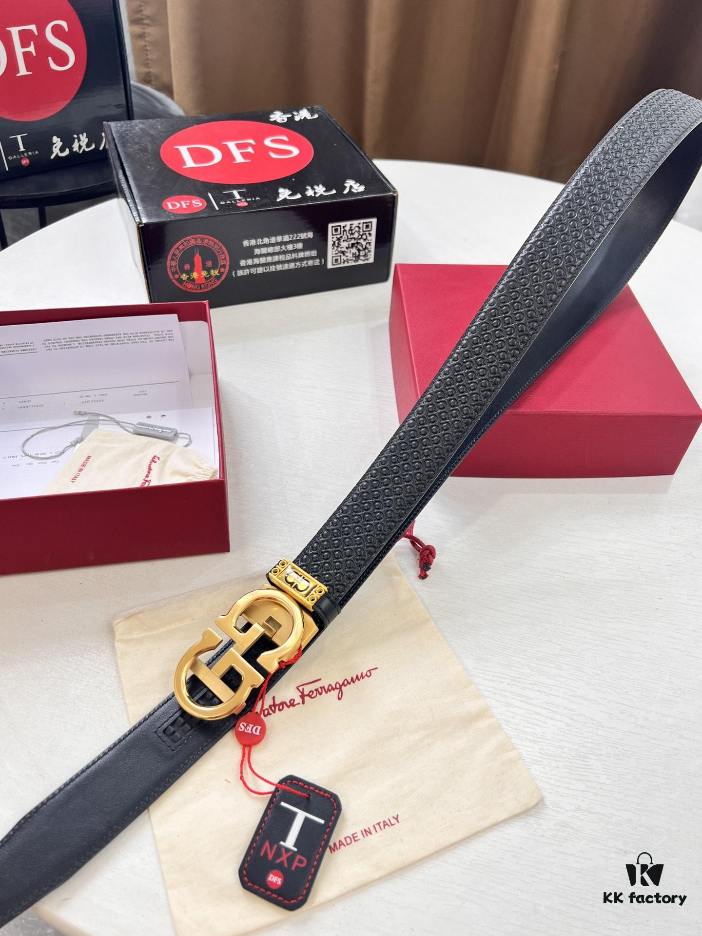 Salvatore Ferragamo Men's Automatic Belt, Top-Quality Genuine Leather with '8' Pattern, 3.5cm Width, Stainless Steel Hardware