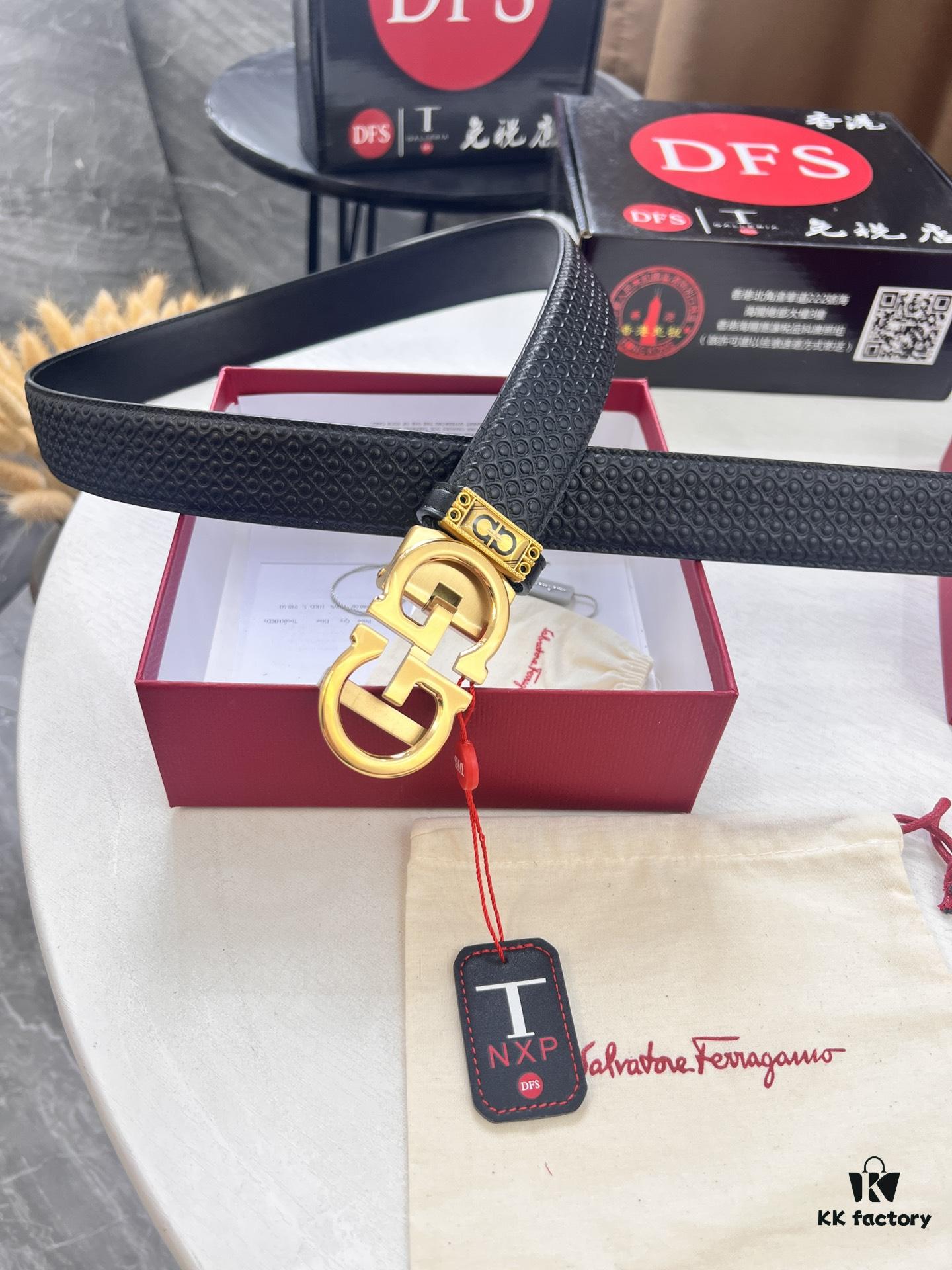 Salvatore Ferragamo Men's Automatic Belt, Top-Quality Genuine Leather with '8' Pattern, 3.5cm Width, Stainless Steel Hardware