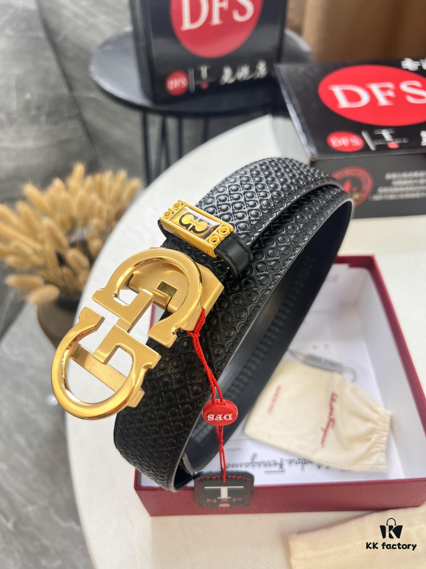 Salvatore Ferragamo Men's Automatic Belt, Top-Quality Genuine Leather with '8' Pattern, 3.5cm Width, Stainless Steel Hardware