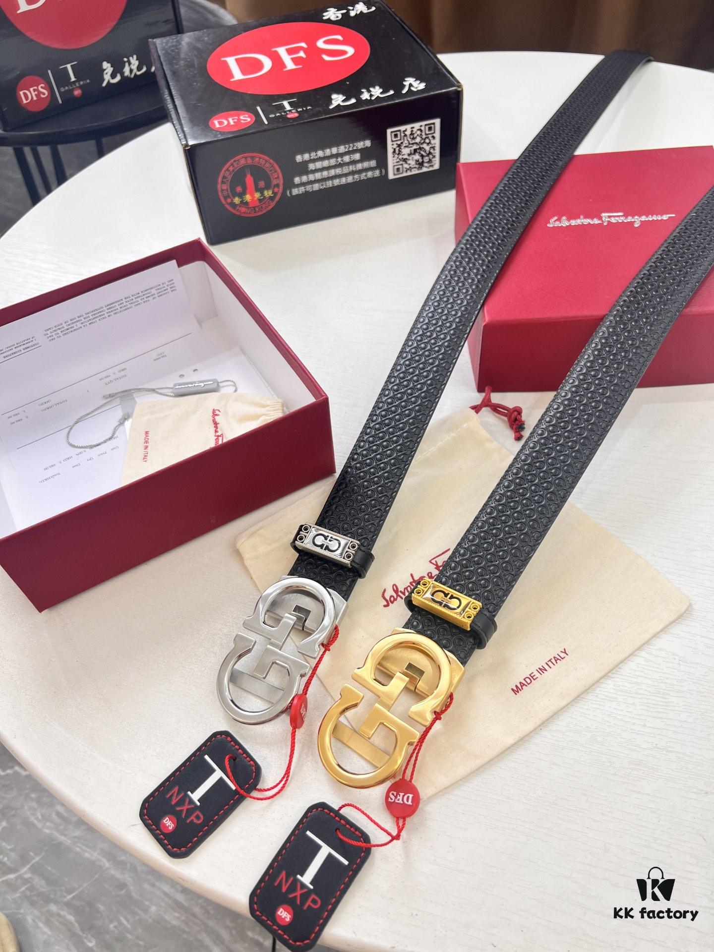 Salvatore Ferragamo Men's Automatic Belt, Top-Quality Genuine Leather with '8' Pattern, 3.5cm Width, Stainless Steel Hardware