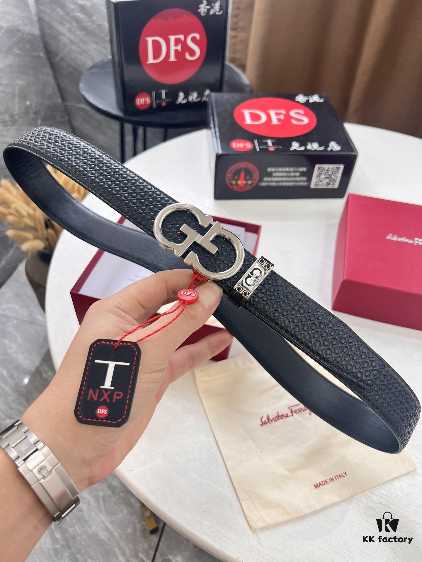 Salvatore Ferragamo Men's Automatic Belt, Top-Quality Genuine Leather with '8' Pattern, 3.5cm Width, Stainless Steel Hardware