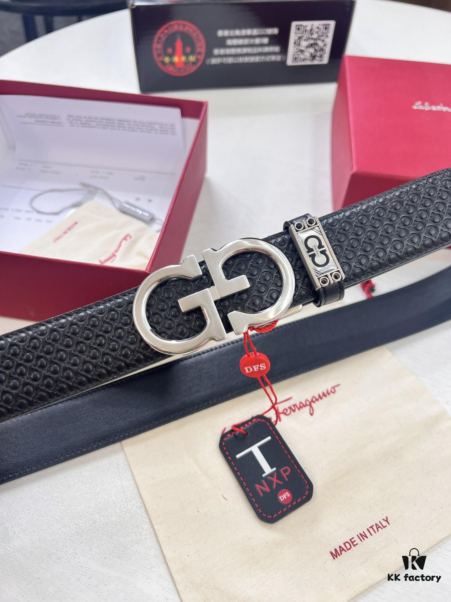 Salvatore Ferragamo Men's Automatic Belt, Top-Quality Genuine Leather with '8' Pattern, 3.5cm Width, Stainless Steel Hardware