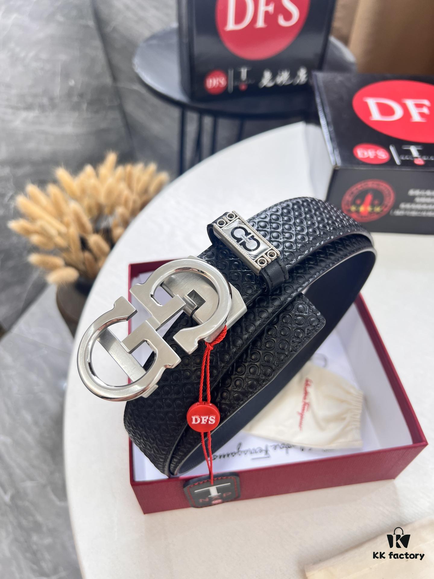 Salvatore Ferragamo Men's Automatic Belt, Top-Quality Genuine Leather with '8' Pattern, 3.5cm Width, Stainless Steel Hardware