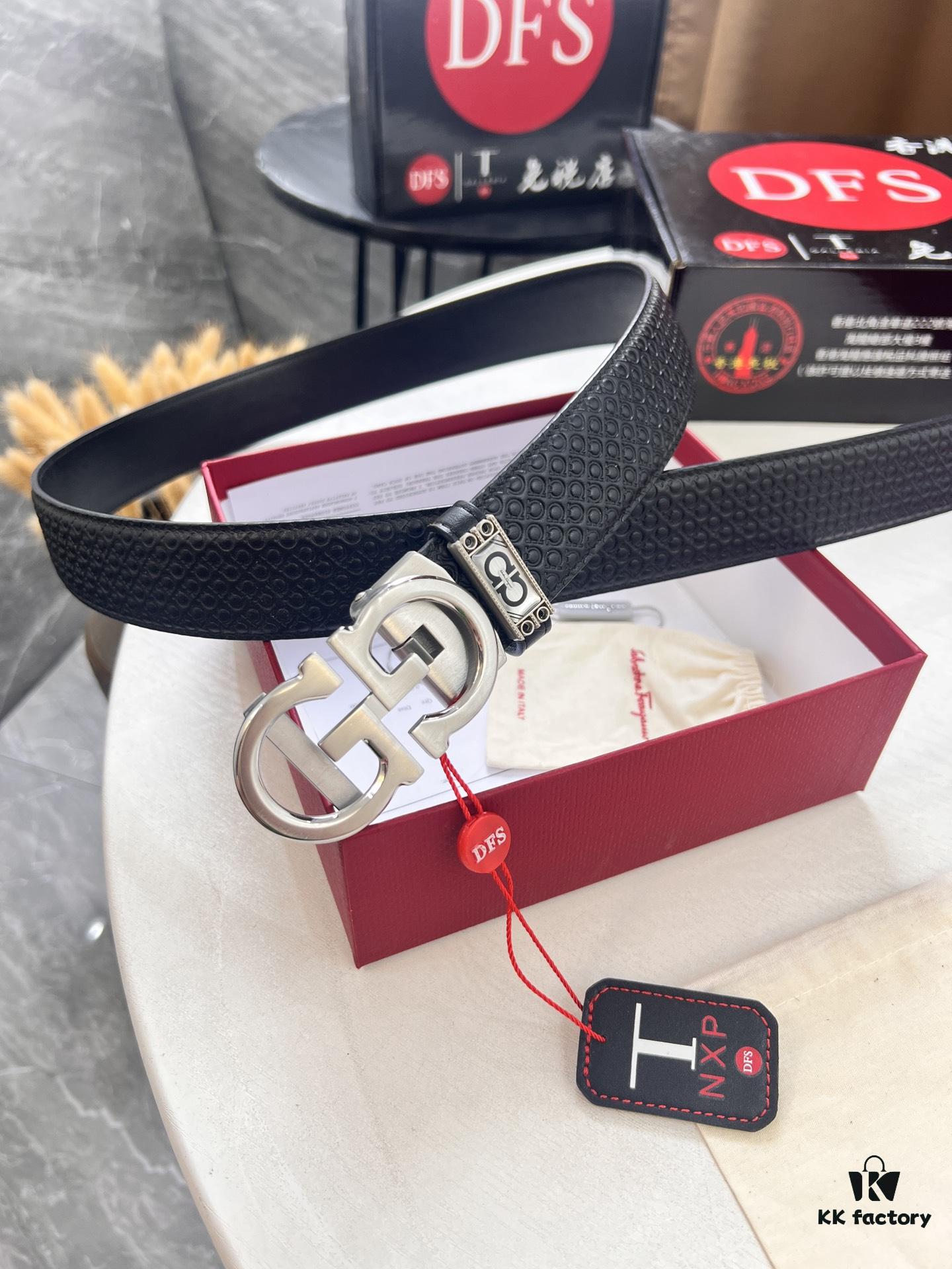 Salvatore Ferragamo Men's Automatic Belt, Top-Quality Genuine Leather with '8' Pattern, 3.5cm Width, Stainless Steel Hardware