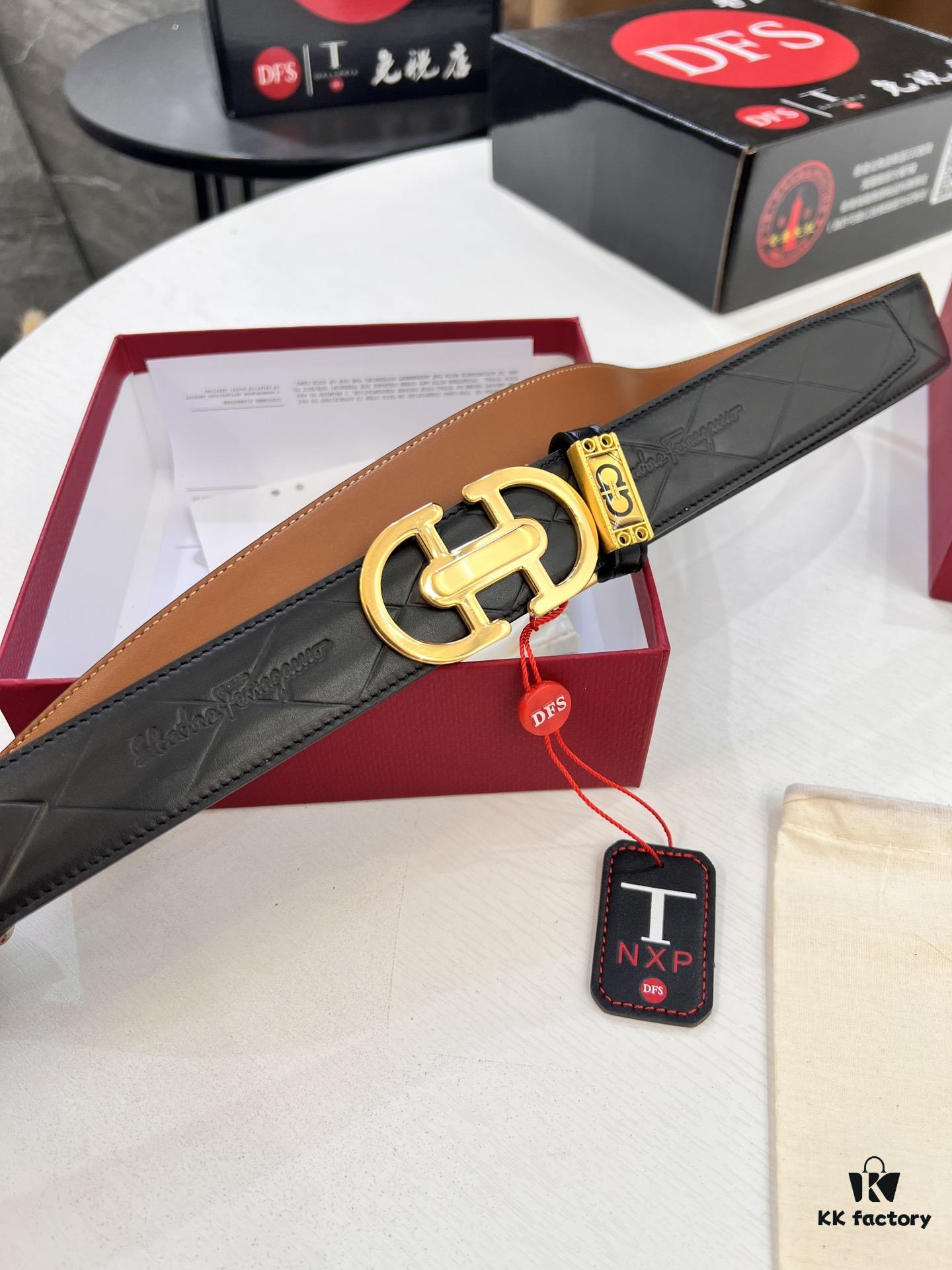 Salvatore Ferragamo Men's Automatic Belt, Imported Top-Grade Full-Grain Calfskin, Steel Hardware, 3.5cm Width