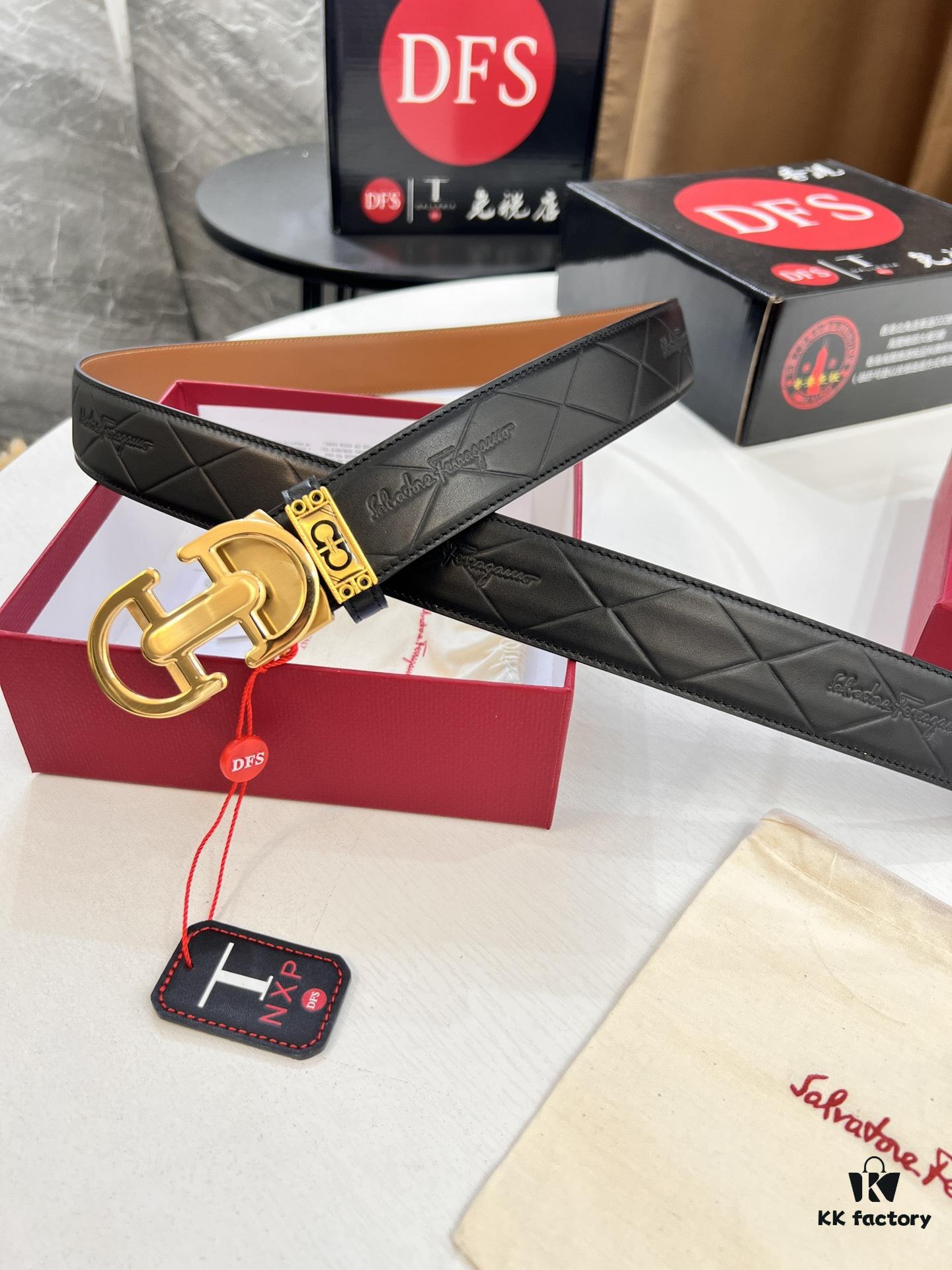 Salvatore Ferragamo Men's Automatic Belt, Imported Top-Grade Full-Grain Calfskin, Steel Hardware, 3.5cm Width