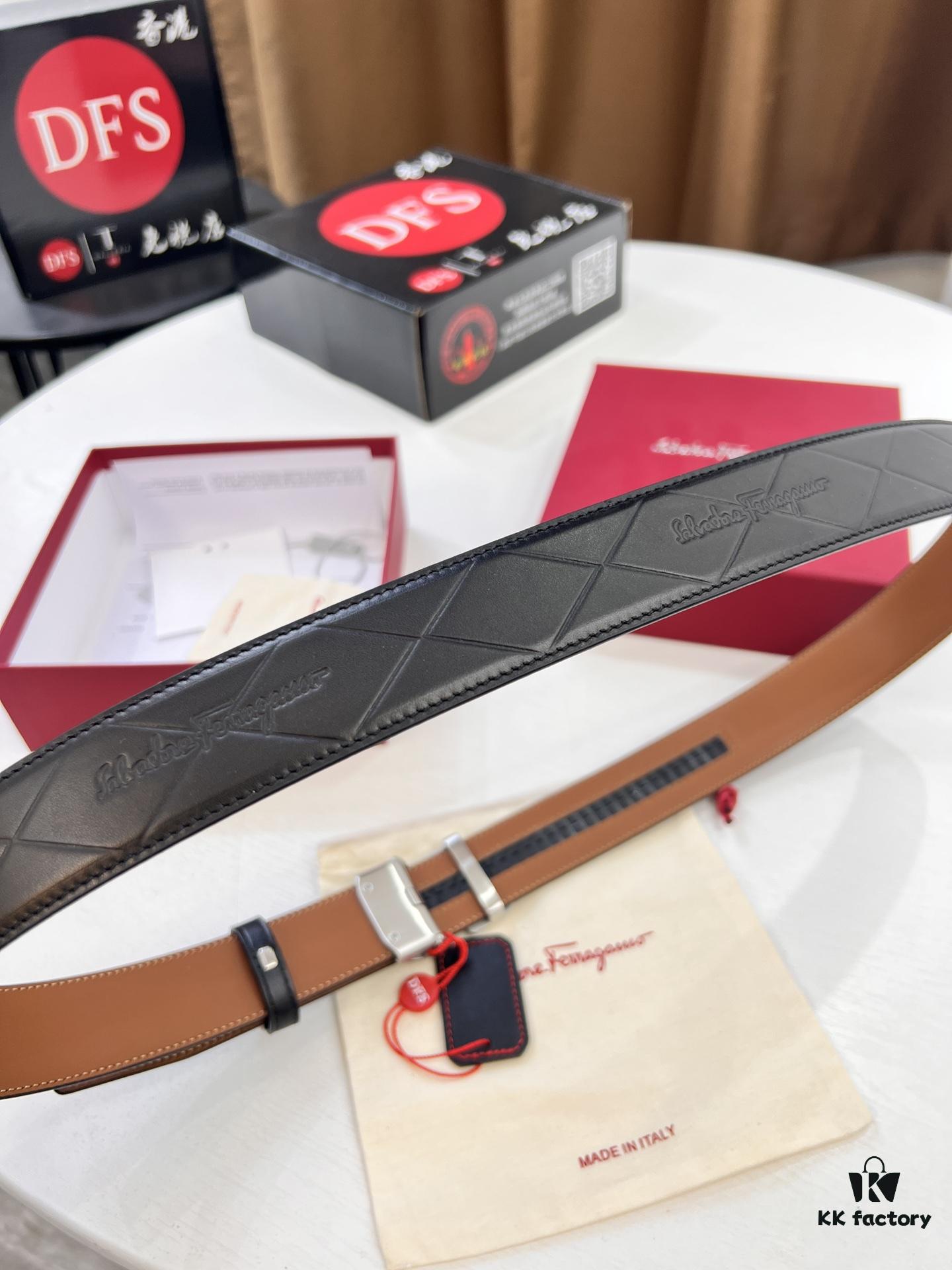 Salvatore Ferragamo Men's Automatic Belt, Top-Quality Genuine Leather with Steel Hardware, 3.5 cm Width