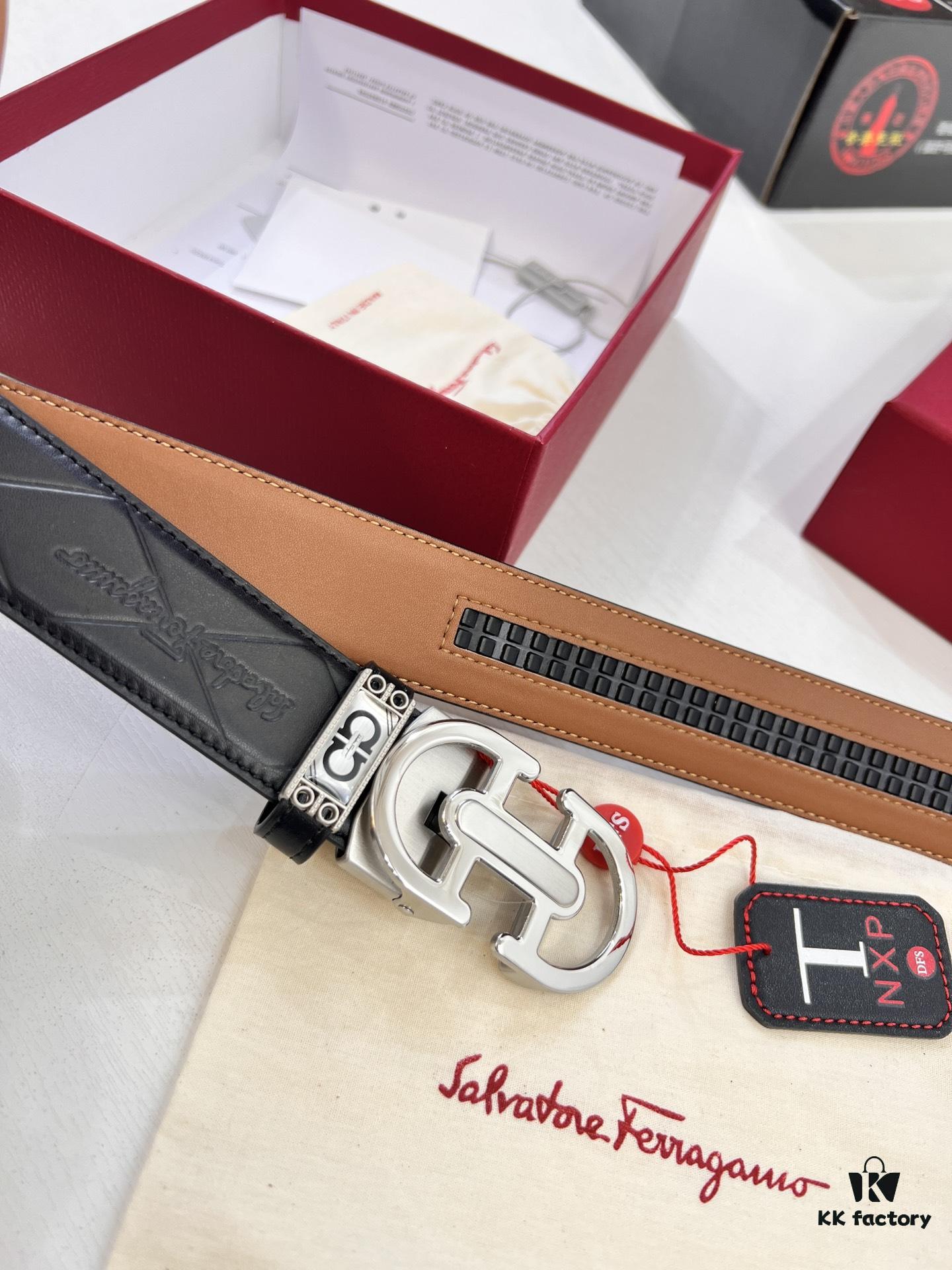 Salvatore Ferragamo Men's Automatic Belt, Top-Quality Genuine Leather with Steel Hardware, 3.5 cm Width