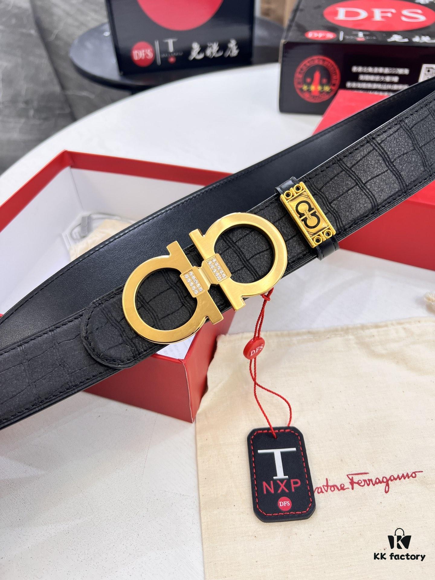 Top-Tier Men's Belt - Dual-Sided Genuine Calfskin Leather, Corrosion-Resistant Steel Hardware, Imported South African Deer Grain Cowhide, 3.8cm Width, Duty-Free Hong Kong T Gift Box Packaging