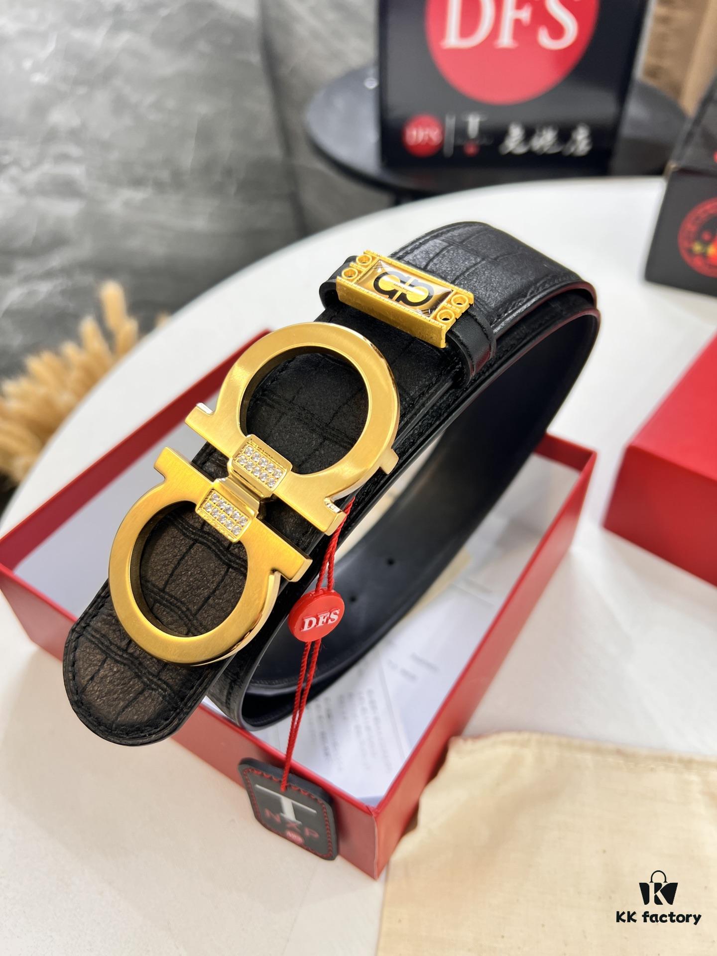 Top-Tier Men's Belt - Dual-Sided Genuine Calfskin Leather, Corrosion-Resistant Steel Hardware, Imported South African Deer Grain Cowhide, 3.8cm Width, Duty-Free Hong Kong T Gift Box Packaging