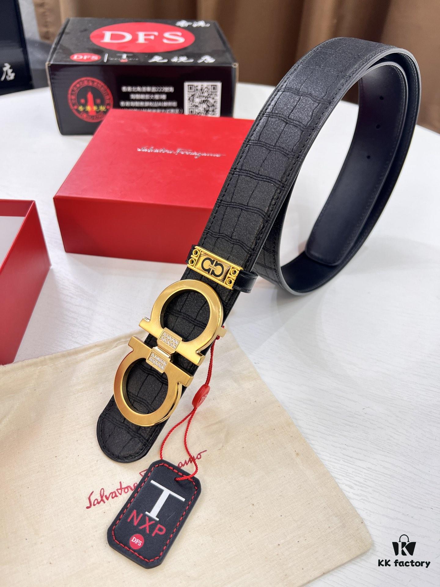 Top-Tier Men's Belt - Dual-Sided Genuine Calfskin Leather, Corrosion-Resistant Steel Hardware, Imported South African Deer Grain Cowhide, 3.8cm Width, Duty-Free Hong Kong T Gift Box Packaging