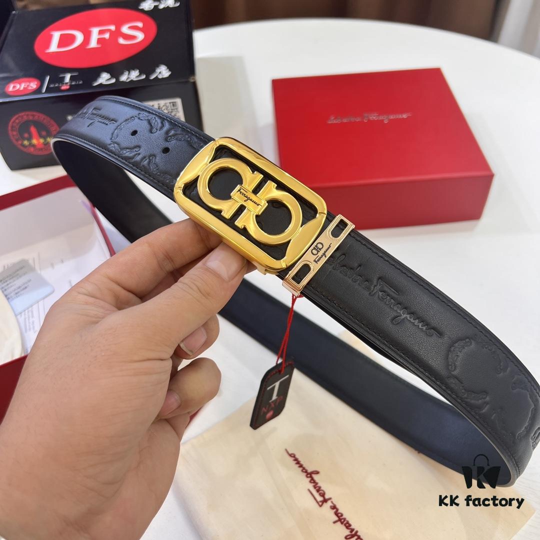 Top-Tier Salvatore Ferragamo Belt, Authentic Hong Kong Duty-Free Gift Box, 8-Shaped Genuine Hardware, Imported Cowhide with Embossed Logo, Adjustable Length