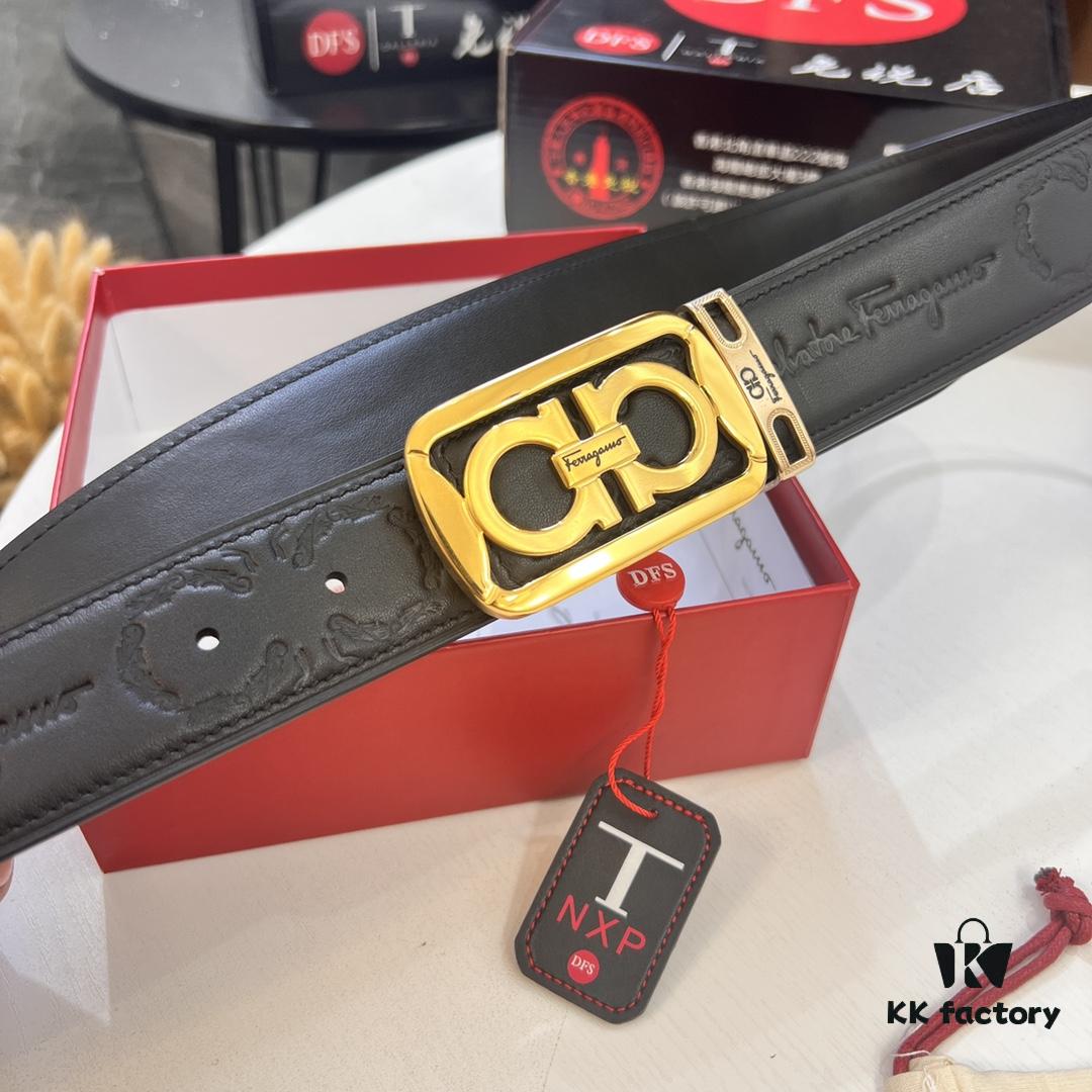 Top-Tier Salvatore Ferragamo Belt, Authentic Hong Kong Duty-Free Gift Box, 8-Shaped Genuine Hardware, Imported Cowhide with Embossed Logo, Adjustable Length