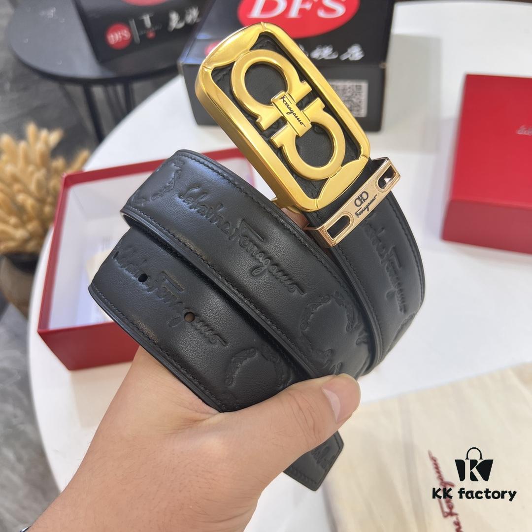 Top-Tier Salvatore Ferragamo Belt, Authentic Hong Kong Duty-Free Gift Box, 8-Shaped Genuine Hardware, Imported Cowhide with Embossed Logo, Adjustable Length