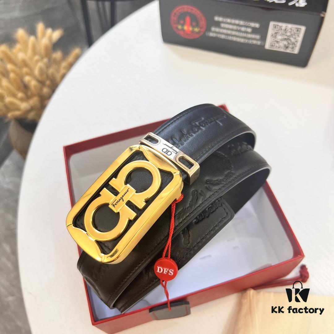 Top-Tier Salvatore Ferragamo Belt, Authentic Hong Kong Duty-Free Gift Box, 8-Shaped Genuine Hardware, Imported Cowhide with Embossed Logo, Adjustable Length