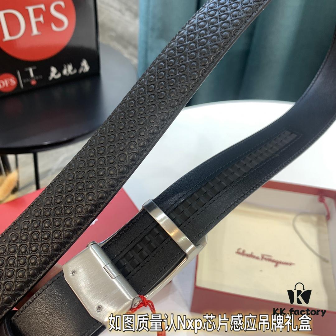 Arrival 🩳🩳🩳 Trumpet 🎺🎺 Genuine Photography, Ferragamo Automatic Series Men's Belt, ZP Mold Made, 8-Shaped Beveled Pattern with Stainless Steel Hardware, Business Belt, Imported Small Ferragamo Mesh Pattern Top Layer Cowhide, Automatic Tooth Adjustment, Width 3.5 cm