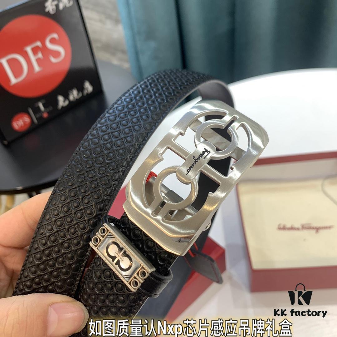 Arrival 🩳🩳🩳 Trumpet 🎺🎺 Genuine Photography, Ferragamo Automatic Series Men's Belt, ZP Mold Made, 8-Shaped Beveled Pattern with Stainless Steel Hardware, Business Belt, Imported Small Ferragamo Mesh Pattern Top Layer Cowhide, Automatic Tooth Adjustment, Width 3.5 cm
