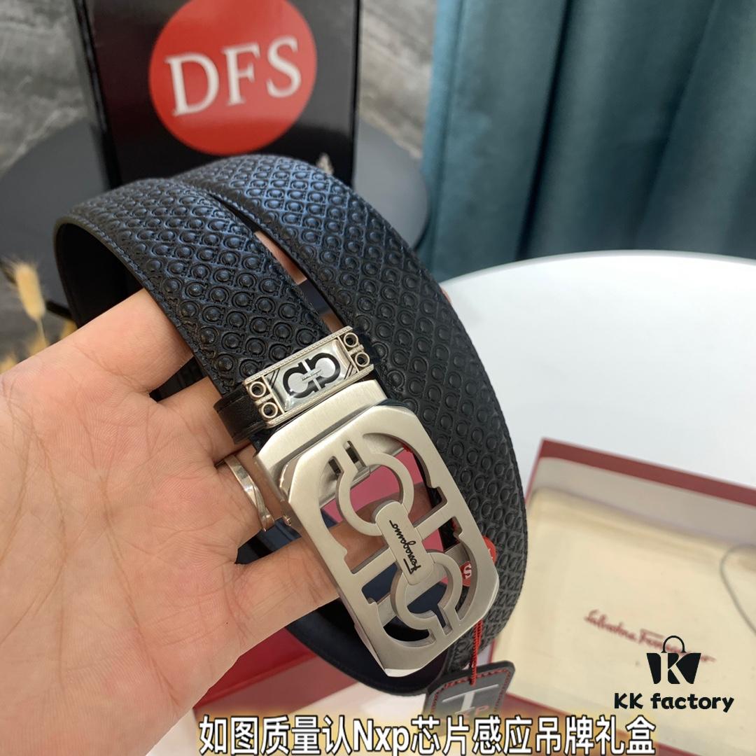 Arrival 🩳🩳🩳 Trumpet 🎺🎺 Genuine Photography, Ferragamo Automatic Series Men's Belt, ZP Mold Made, 8-Shaped Beveled Pattern with Stainless Steel Hardware, Business Belt, Imported Small Ferragamo Mesh Pattern Top Layer Cowhide, Automatic Tooth Adjustment, Width 3.5 cm