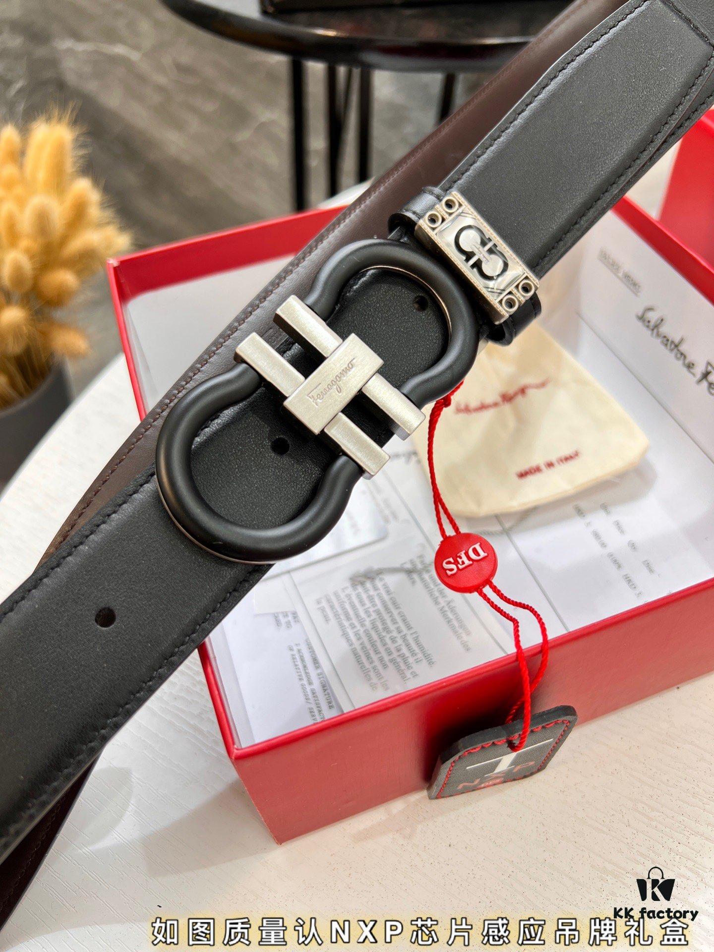 Salvatore Ferragamo Belt, Hong Kong Duty-Free Gift Box 🎁 (NXP RFID Tag with Official Website Verification, Authentic Anti-Counterfeit Chip) - 8-Shaped Etched Pattern, Full Italian Top-Grain Calfskin, Reversible Design, 3.5cm Width