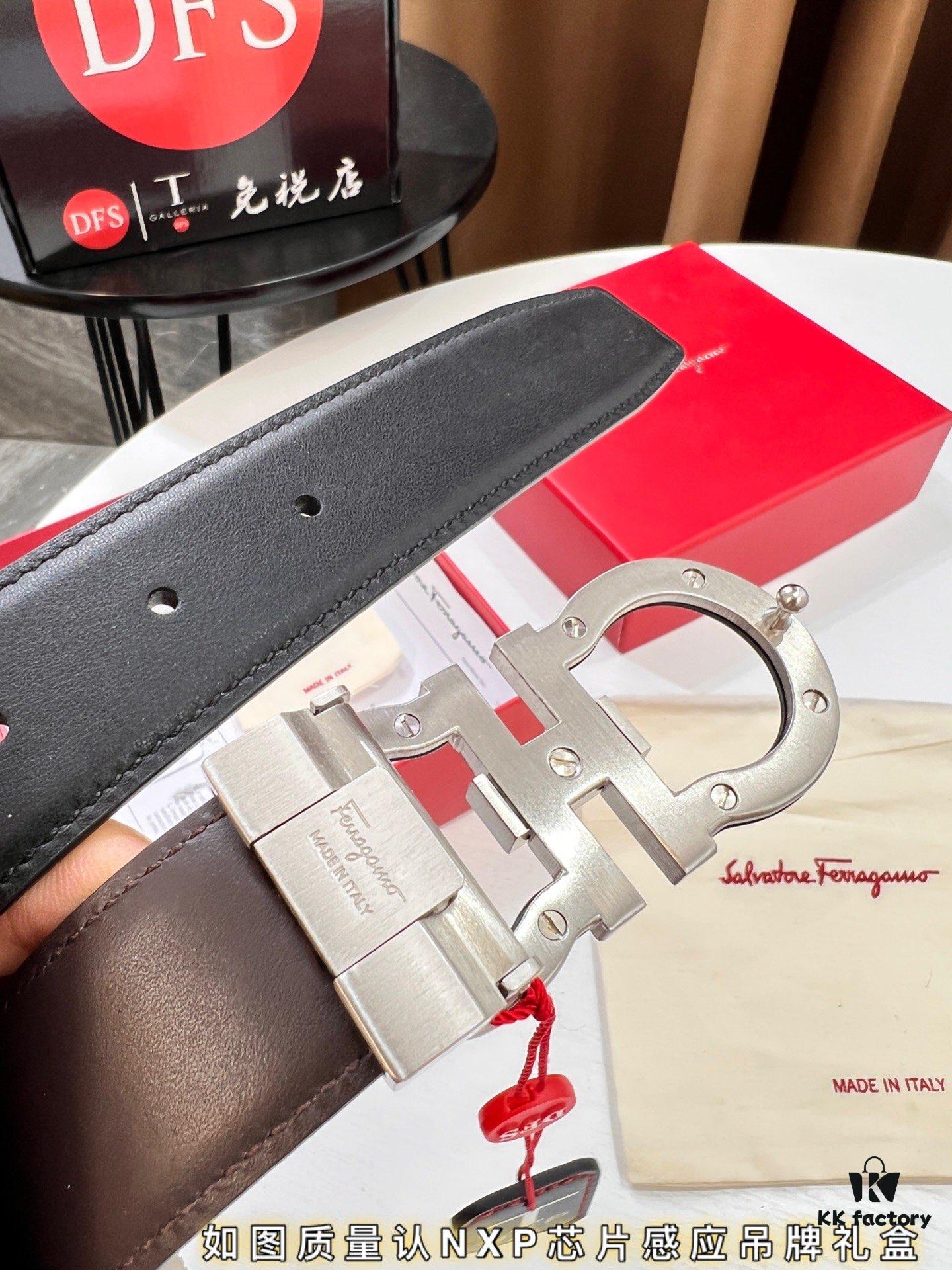 Salvatore Ferragamo Belt, Hong Kong Duty-Free Gift Box 🎁 (NXP RFID Tag with Official Website Verification, Authentic Anti-Counterfeit Chip) - 8-Shaped Etched Pattern, Full Italian Top-Grain Calfskin, Reversible Design, 3.5cm Width