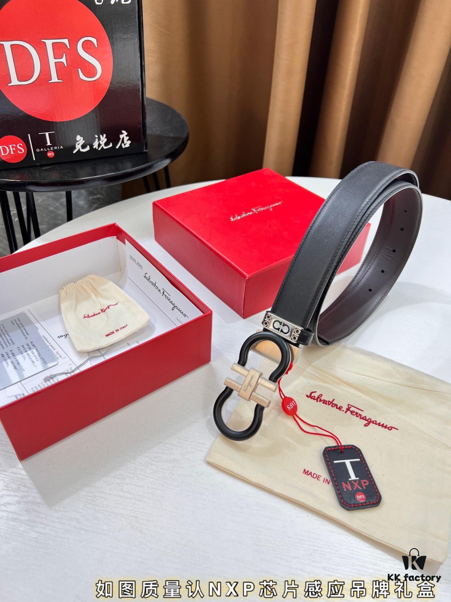 Salvatore Ferragamo Belt, Hong Kong Duty-Free Gift Box 🎁 (NXP RFID Tag with Official Website Verification, Authentic Anti-Counterfeit Chip) - 8-Shaped Etched Pattern, Full Italian Top-Grain Calfskin, Reversible Design, 3.5cm Width