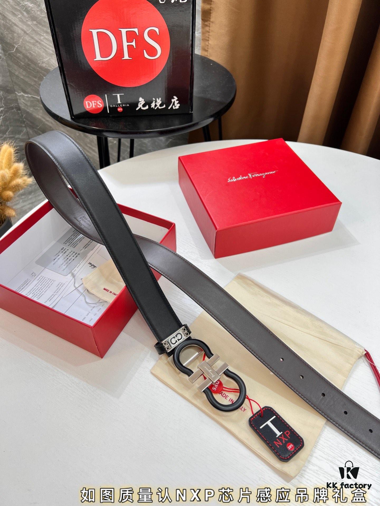 Salvatore Ferragamo Belt, Hong Kong Duty-Free Gift Box 🎁 (NXP RFID Tag with Official Website Verification, Authentic Anti-Counterfeit Chip) - 8-Shaped Etched Pattern, Full Italian Top-Grain Calfskin, Reversible Design, 3.5cm Width