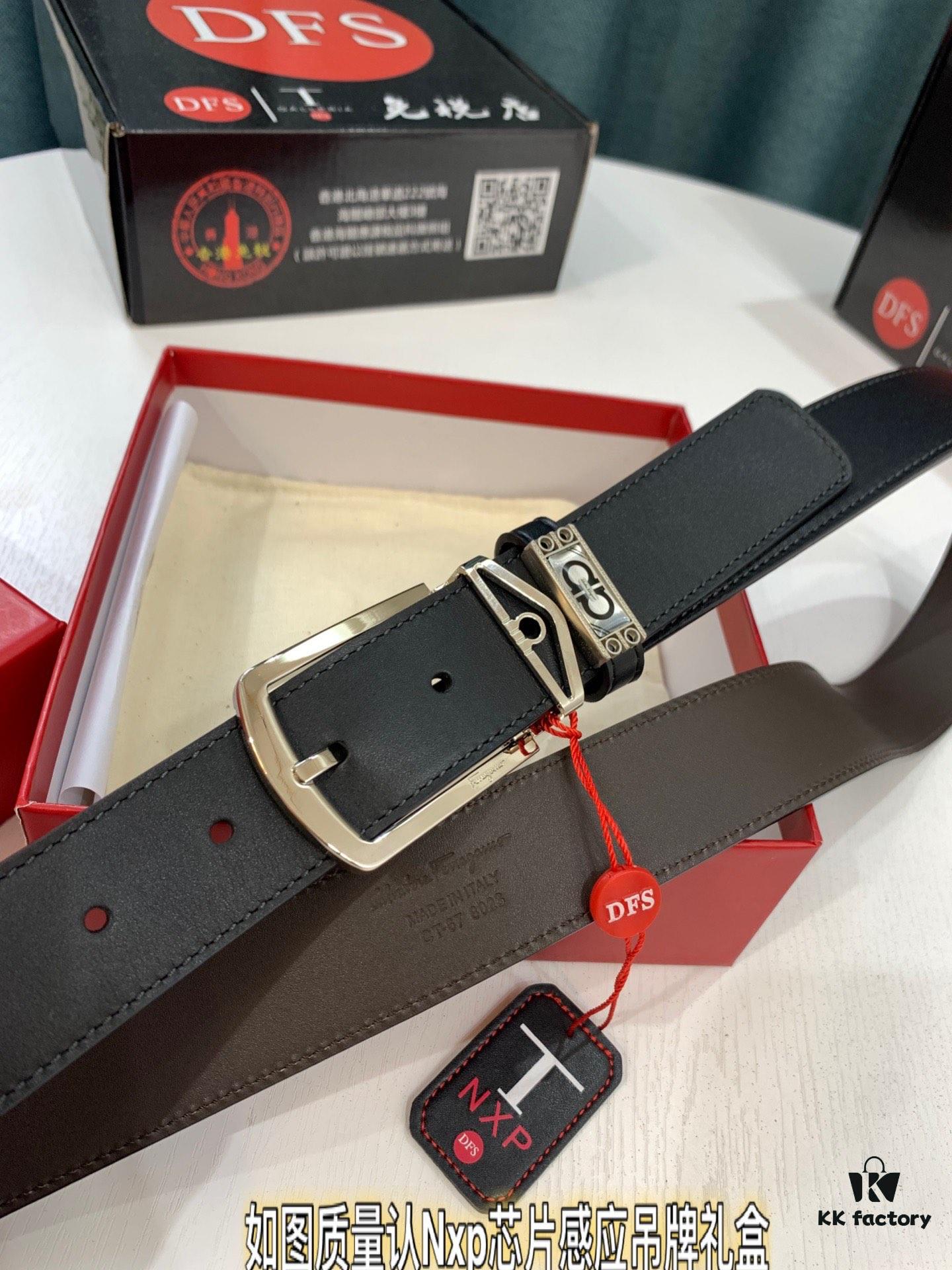 Salvatore Ferragamo Men's Belt, Genuine Top Grain Cowhide, Reversible Design, 3.5cm Width, Stainless Steel '8' Pin Buckle, Adjustable Length, Ideal Gift