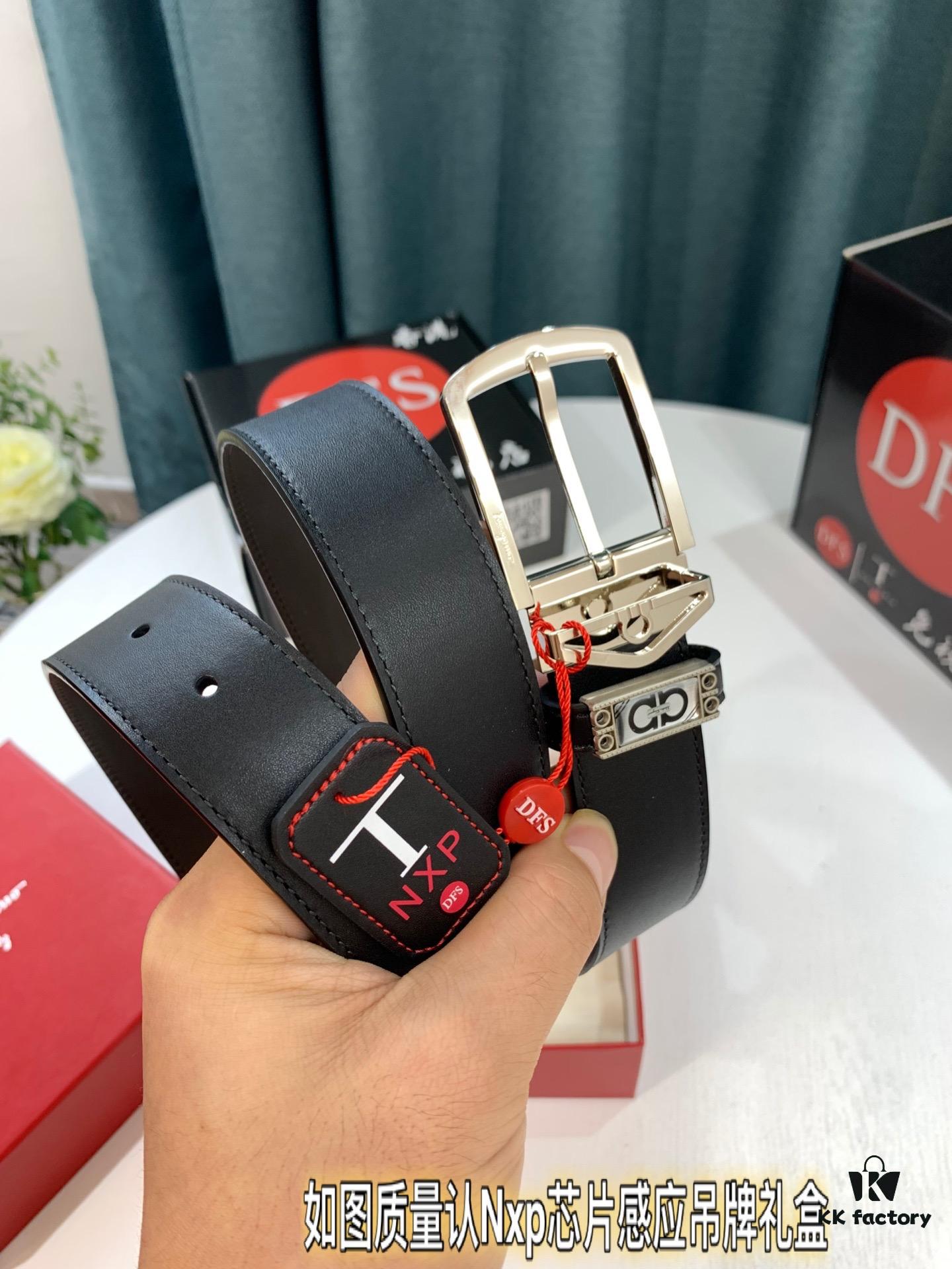 Salvatore Ferragamo Men's Belt, Genuine Top Grain Cowhide, Reversible Design, 3.5cm Width, Stainless Steel '8' Pin Buckle, Adjustable Length, Ideal Gift